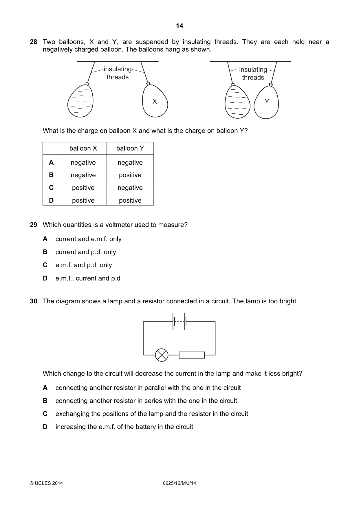 Cambridge IGCSE Physics 0625 2014 May/June Paper 1 · Variant 2 question paper, page 14 of 20