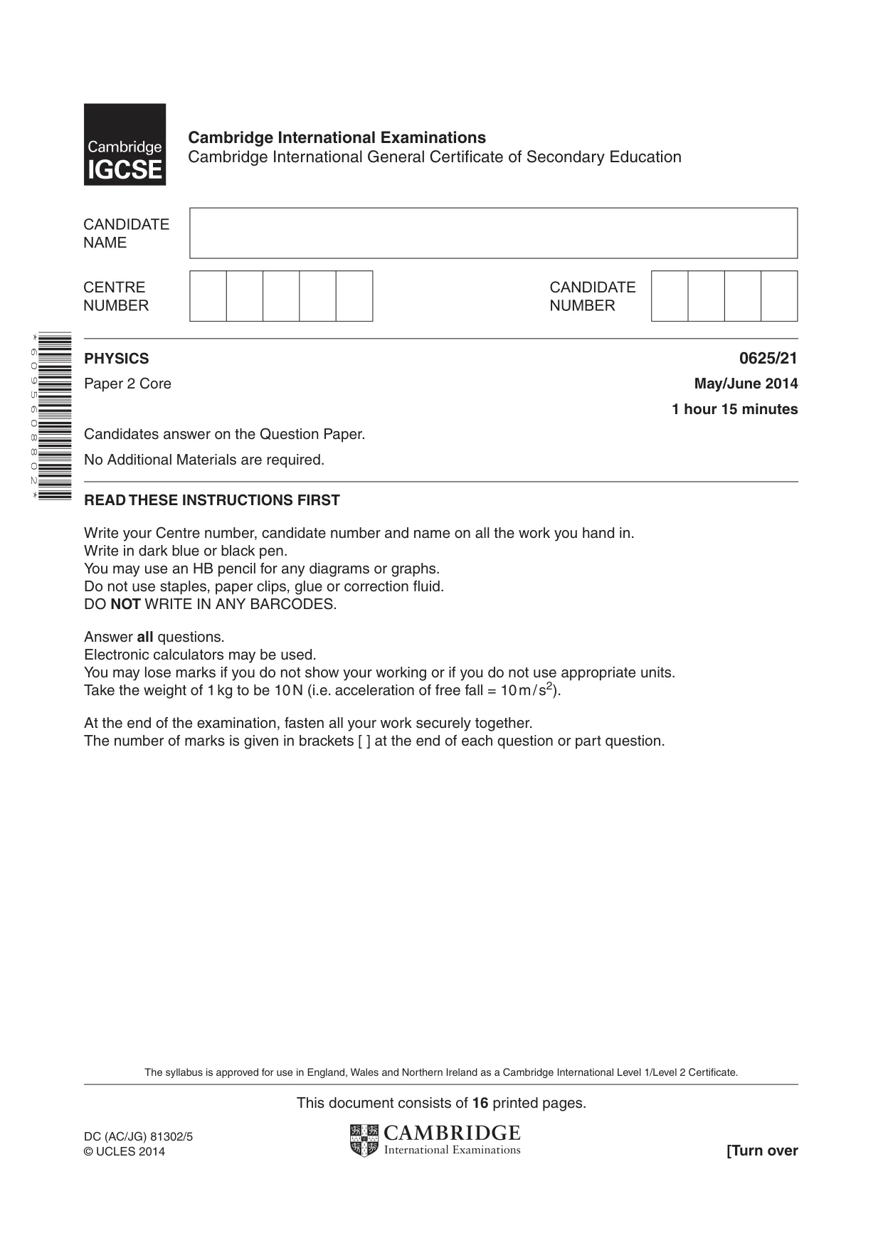Cambridge IGCSE Physics 0625 2014 May/June Paper 2 · Variant 1 question paper, page 1 of 16