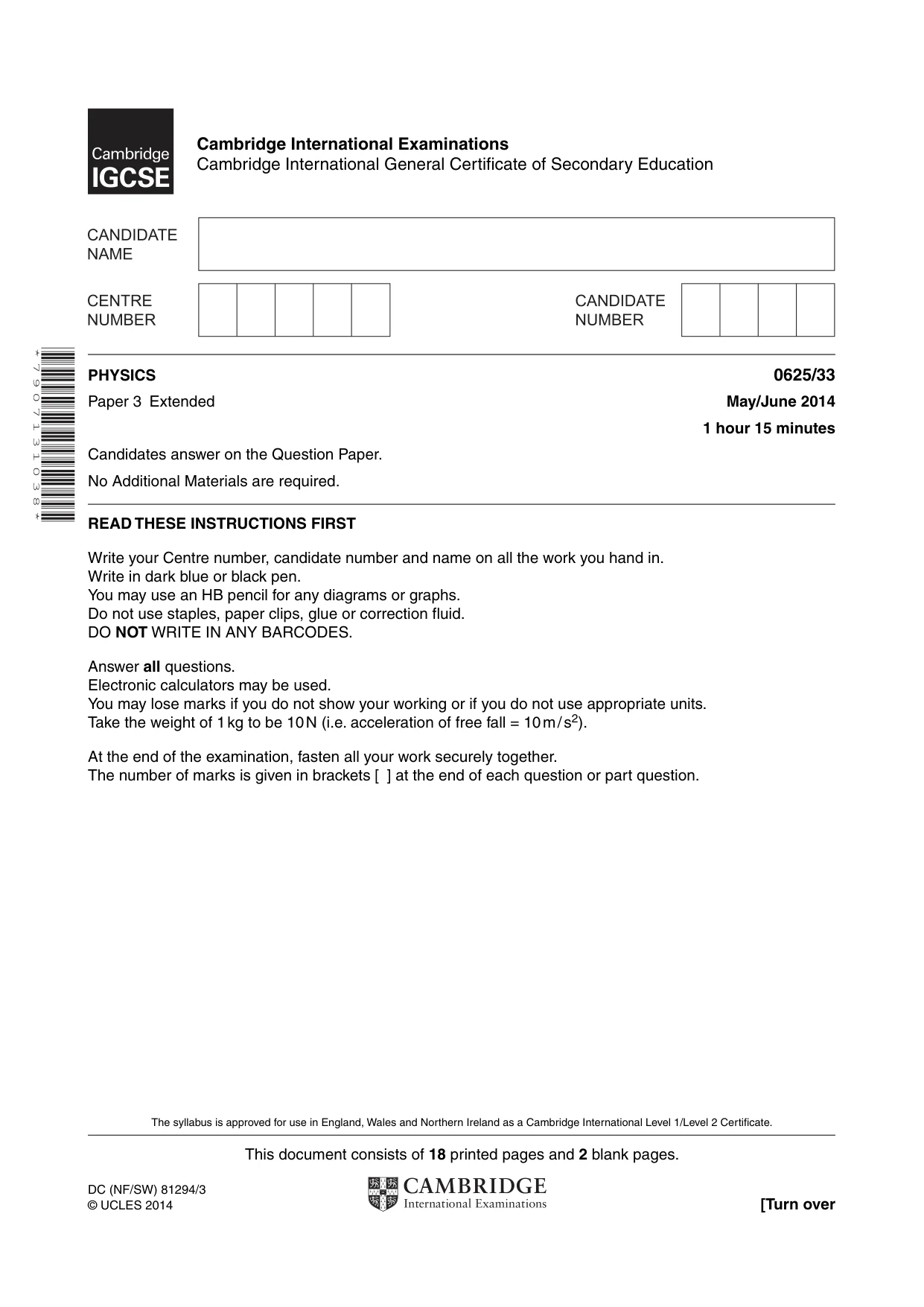 Cambridge IGCSE Physics 0625 2014 May/June Paper 3 · Variant 3 question paper, page 1 of 20