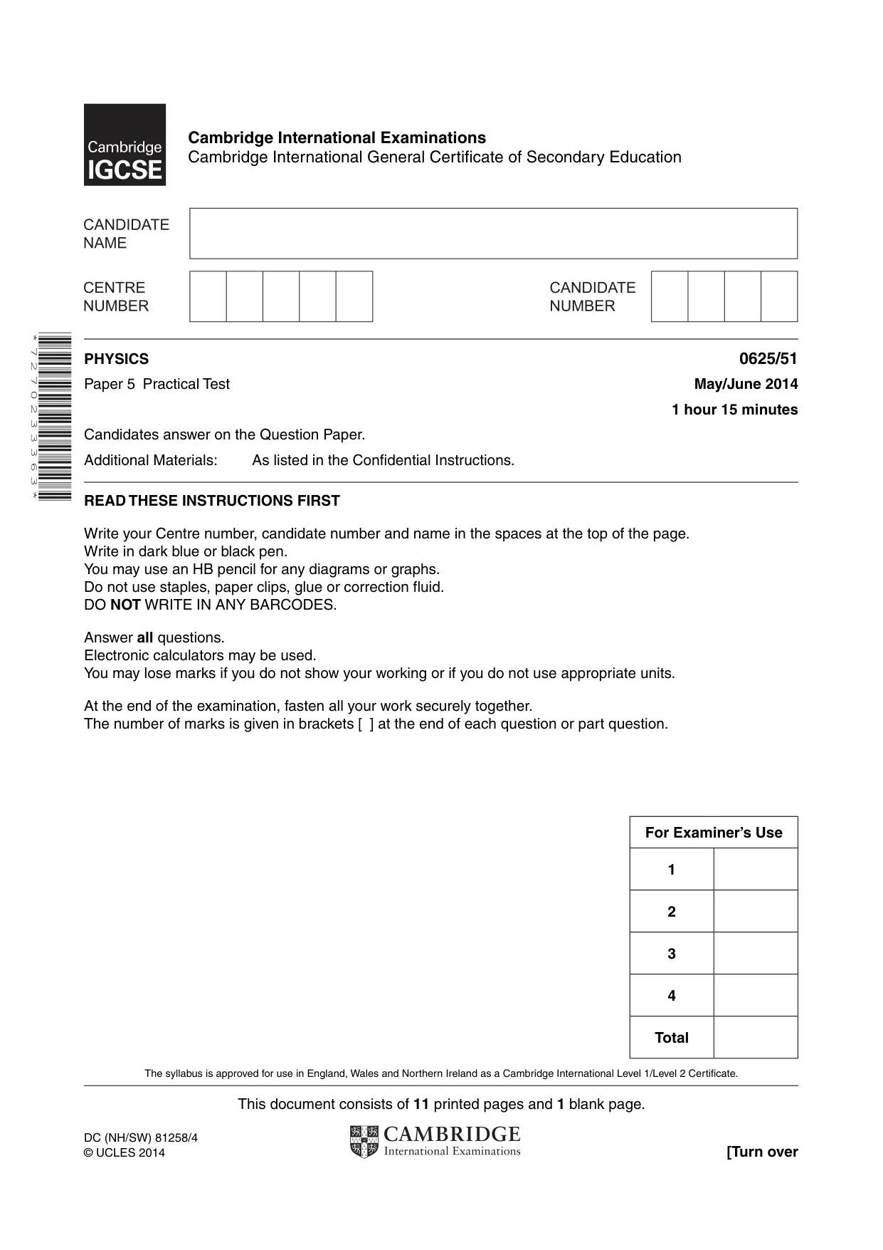 Cambridge IGCSE Physics 0625 2014 May/June Paper 5 · Variant 1 question paper, page 1 of 12
