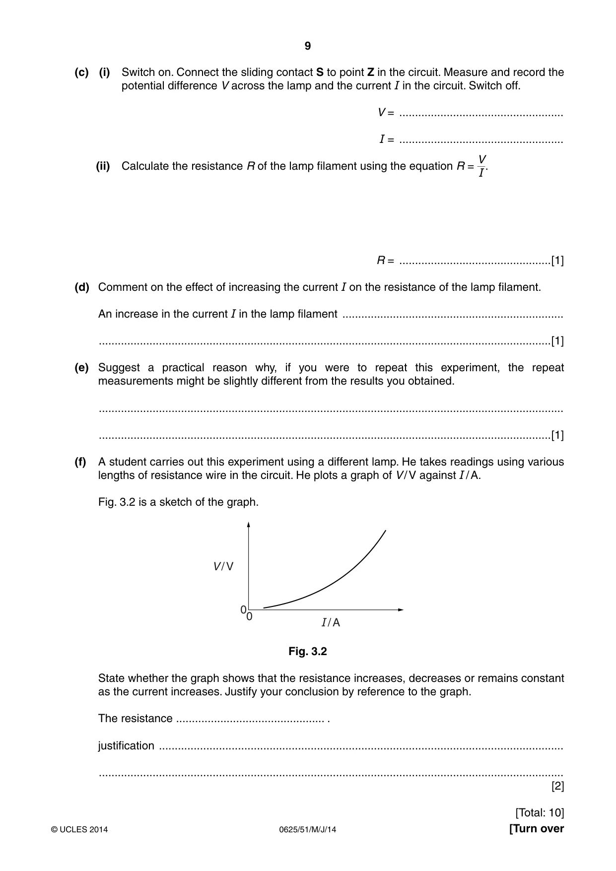 Cambridge IGCSE Physics 0625 2014 May/June Paper 5 · Variant 1 question paper, page 9 of 12