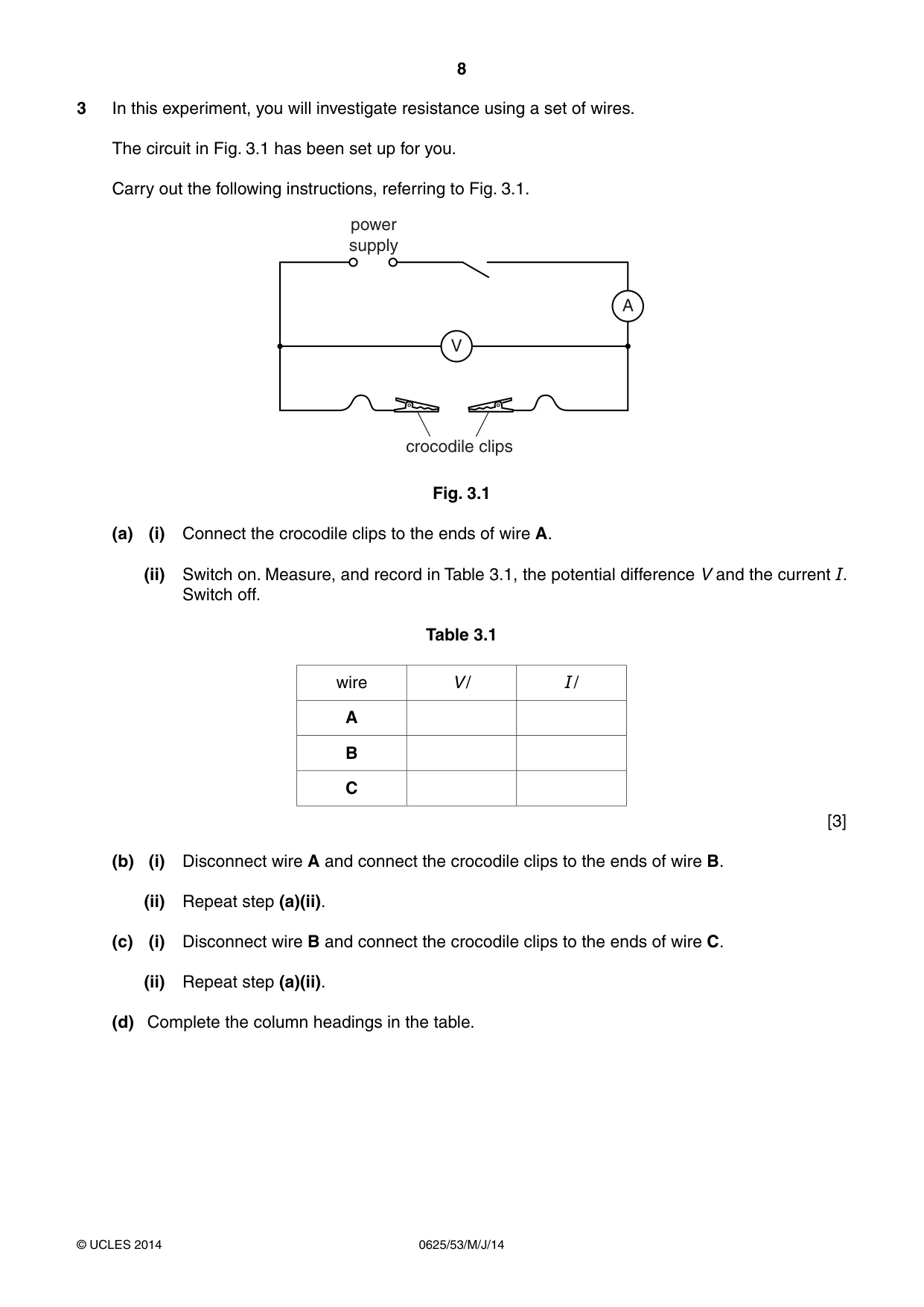 Cambridge IGCSE Physics 0625 2014 May/June Paper 5 · Variant 3 question paper, page 8 of 12