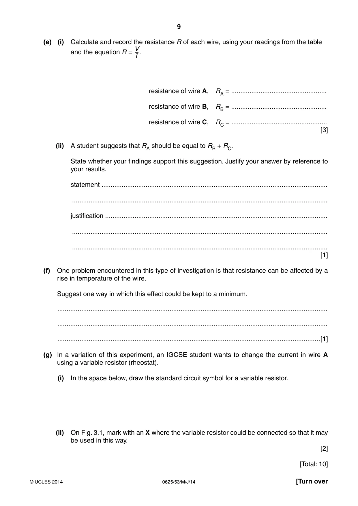 Cambridge IGCSE Physics 0625 2014 May/June Paper 5 · Variant 3 question paper, page 9 of 12