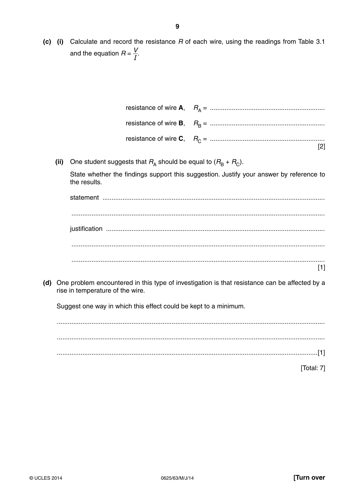 Cambridge IGCSE Physics 0625 2014 May/June Paper 6 · Variant 3 question paper, page 9 of 16
