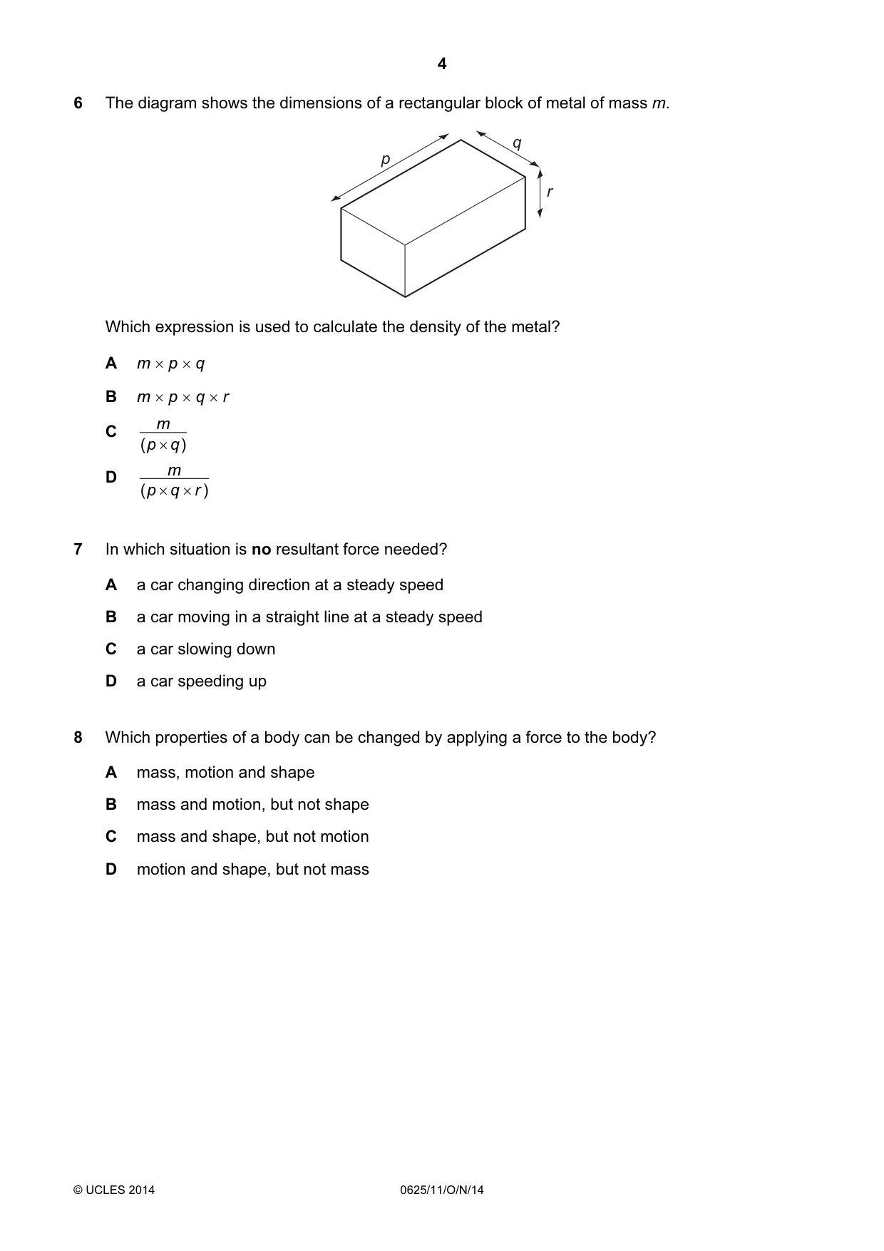 Cambridge IGCSE Physics 0625 2014 Oct/Nov Paper 1 · Variant 1 question paper, page 4 of 20