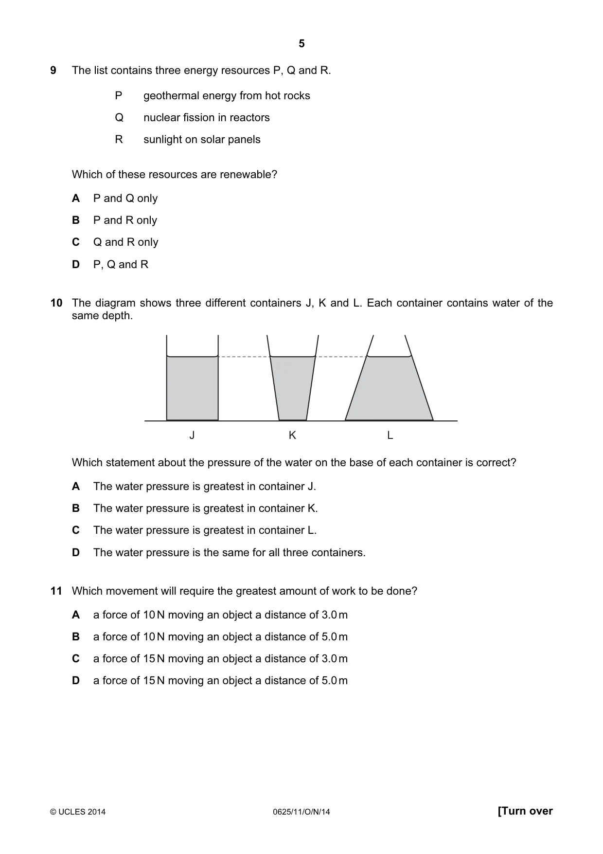 Cambridge IGCSE Physics 0625 2014 Oct/Nov Paper 1 · Variant 1 question paper, page 5 of 20