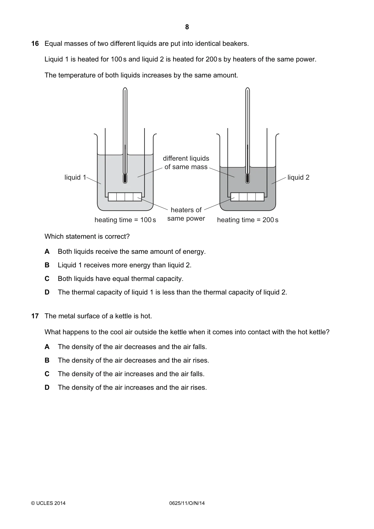 Cambridge IGCSE Physics 0625 2014 Oct/Nov Paper 1 · Variant 1 question paper, page 8 of 20