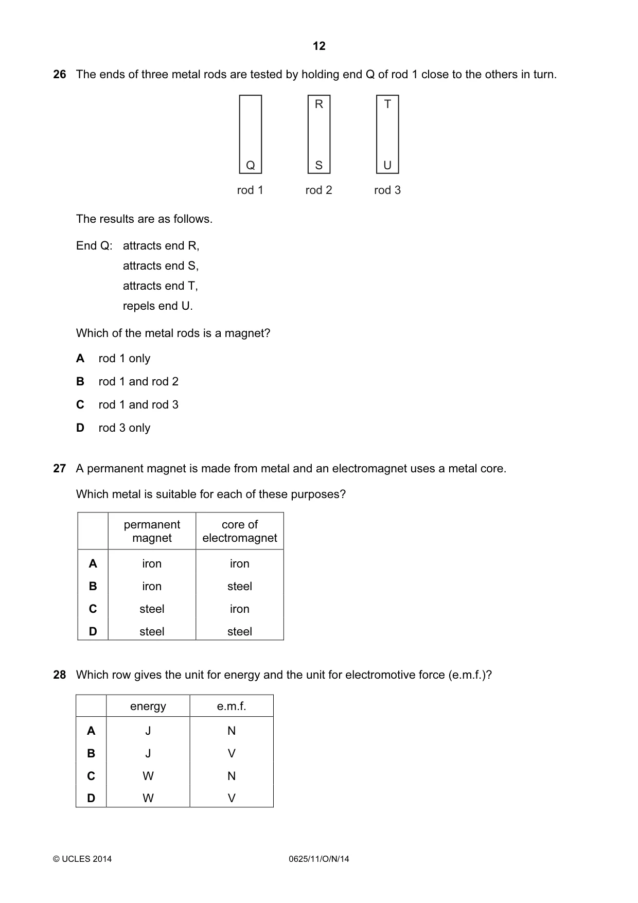 Cambridge IGCSE Physics 0625 2014 Oct/Nov Paper 1 · Variant 1 question paper, page 12 of 20