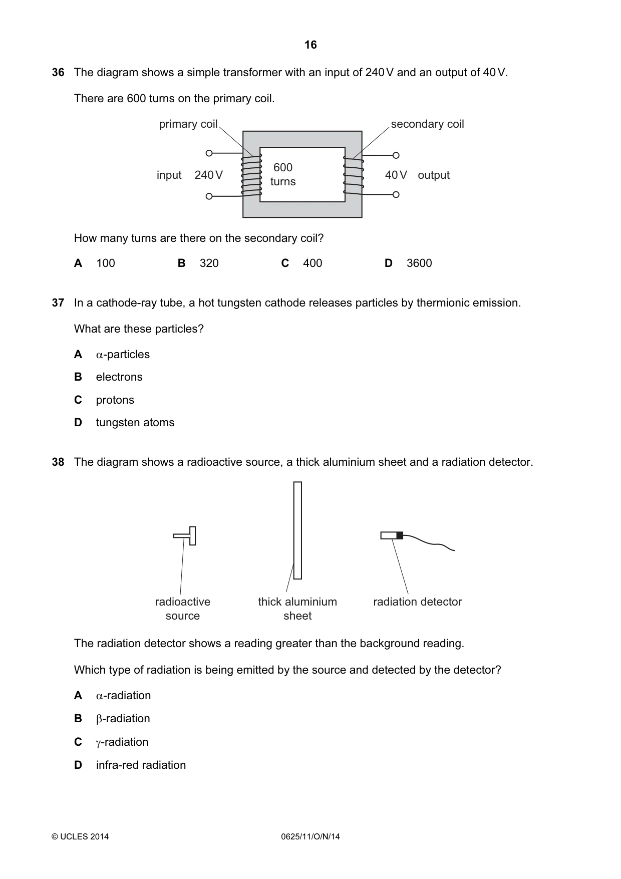 Cambridge IGCSE Physics 0625 2014 Oct/Nov Paper 1 · Variant 1 question paper, page 16 of 20