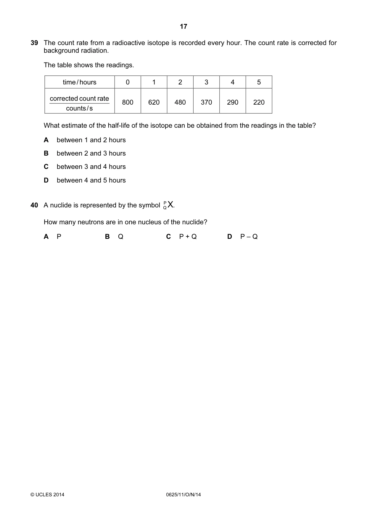 Cambridge IGCSE Physics 0625 2014 Oct/Nov Paper 1 · Variant 1 question paper, page 17 of 20
