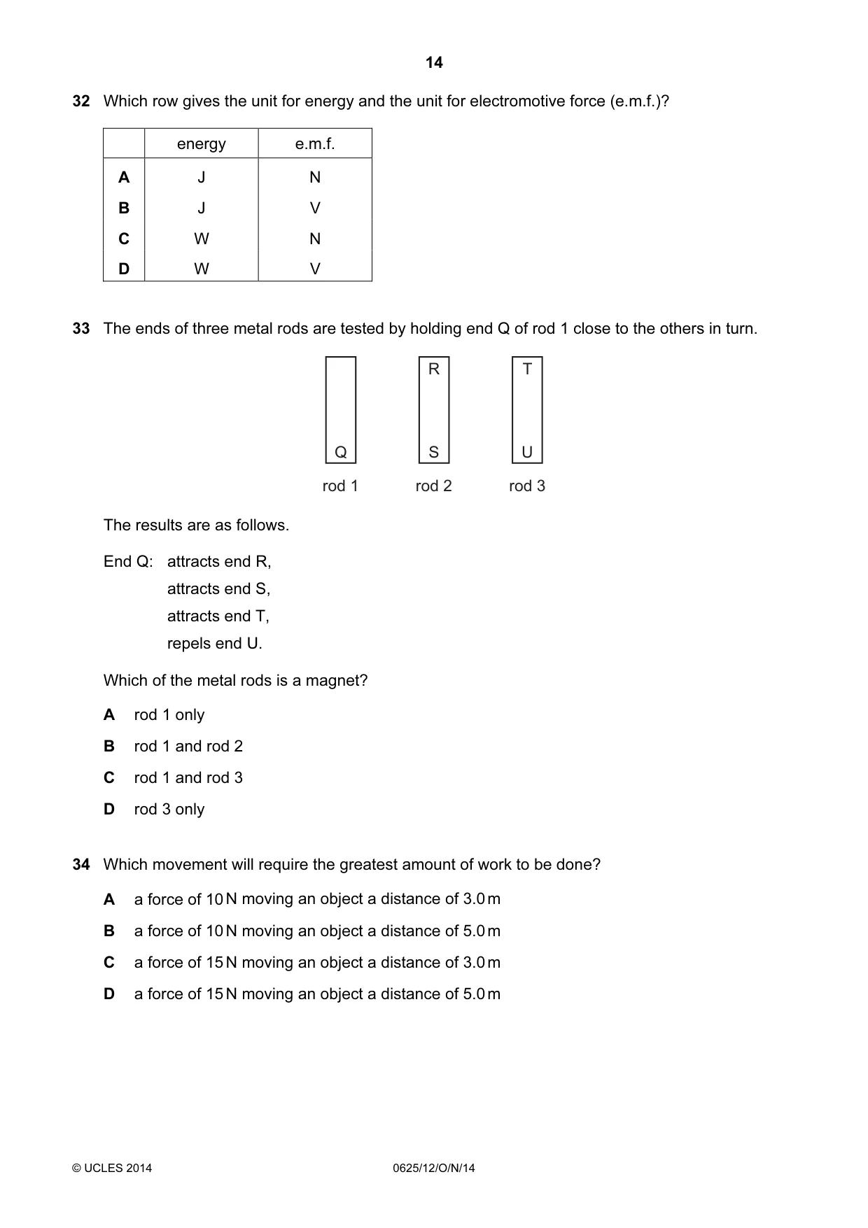 Cambridge IGCSE Physics 0625 2014 Oct/Nov Paper 1 · Variant 2 question paper, page 14 of 20