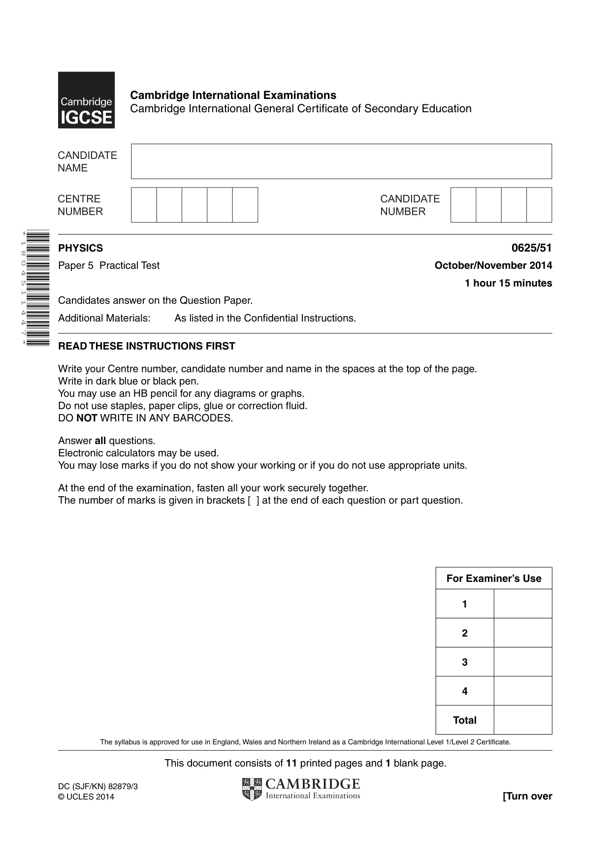 Cambridge IGCSE Physics 0625 2014 Oct/Nov Paper 5 · Variant 1 question paper, page 1 of 12