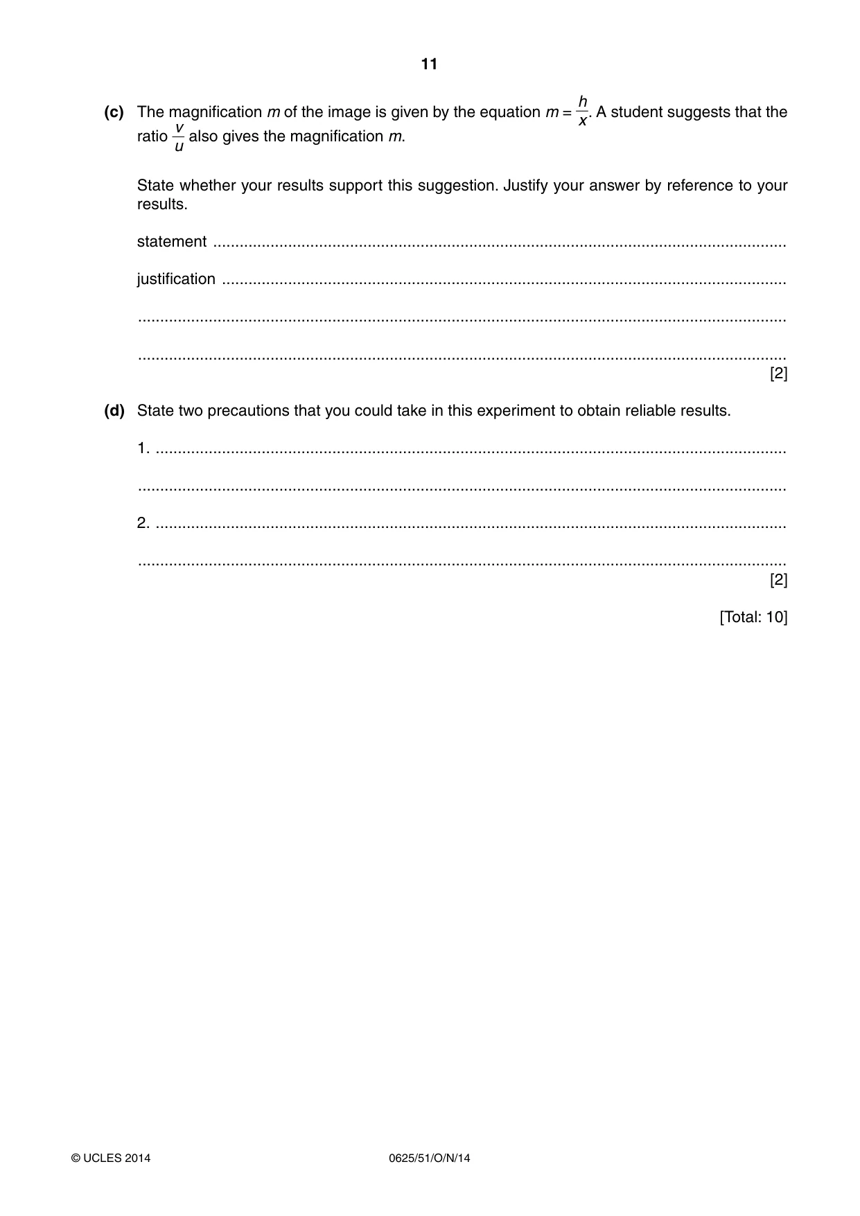 Cambridge IGCSE Physics 0625 2014 Oct/Nov Paper 5 · Variant 1 question paper, page 11 of 12
