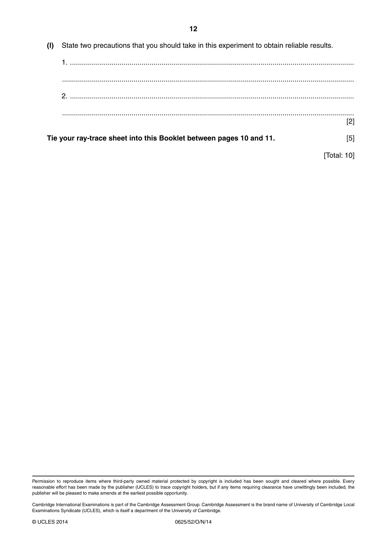 Cambridge IGCSE Physics 0625 2014 Oct/Nov Paper 5 · Variant 2 question paper, page 12 of 12