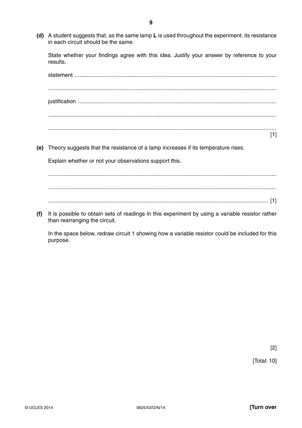 Cambridge IGCSE Physics 0625 2014 Oct/Nov Paper 5 · Variant 3 question paper, page 9 of 12