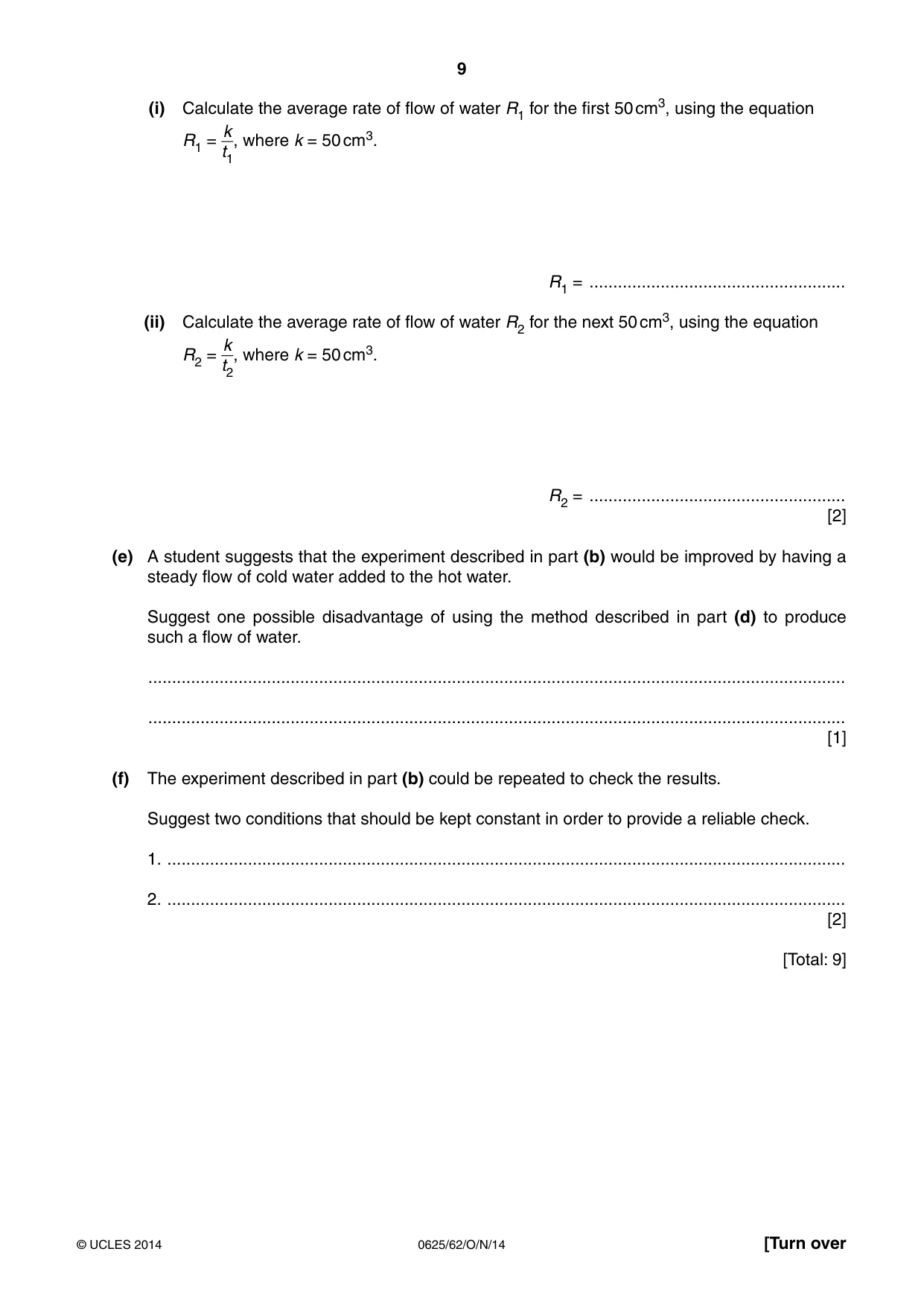 Cambridge IGCSE Physics 0625 2014 Oct/Nov Paper 6 · Variant 2 question paper, page 9 of 16