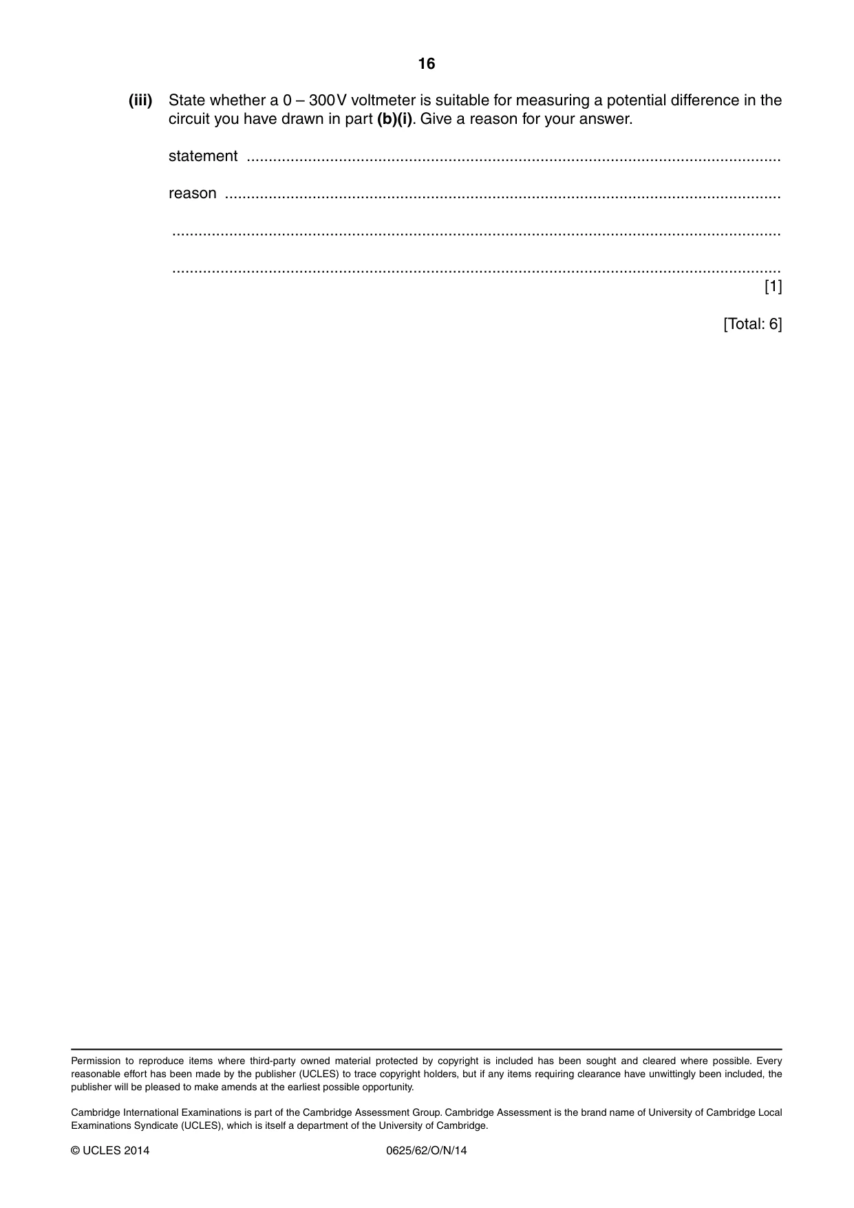 Cambridge IGCSE Physics 0625 2014 Oct/Nov Paper 6 · Variant 2 question paper, page 16 of 16