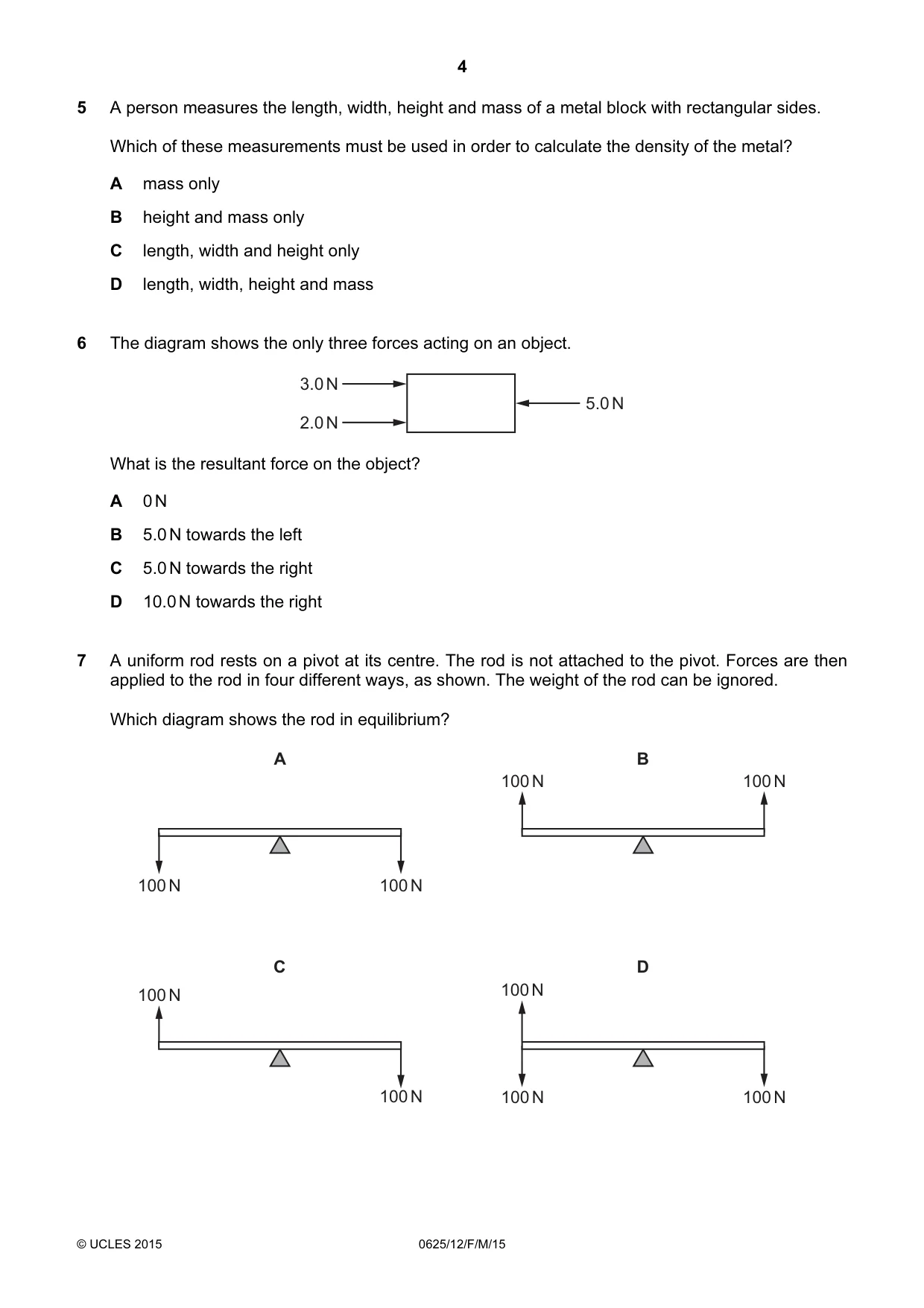 Cambridge IGCSE Physics 0625 2015 Feb/March Paper 1 · Variant 2 question paper, page 4 of 20