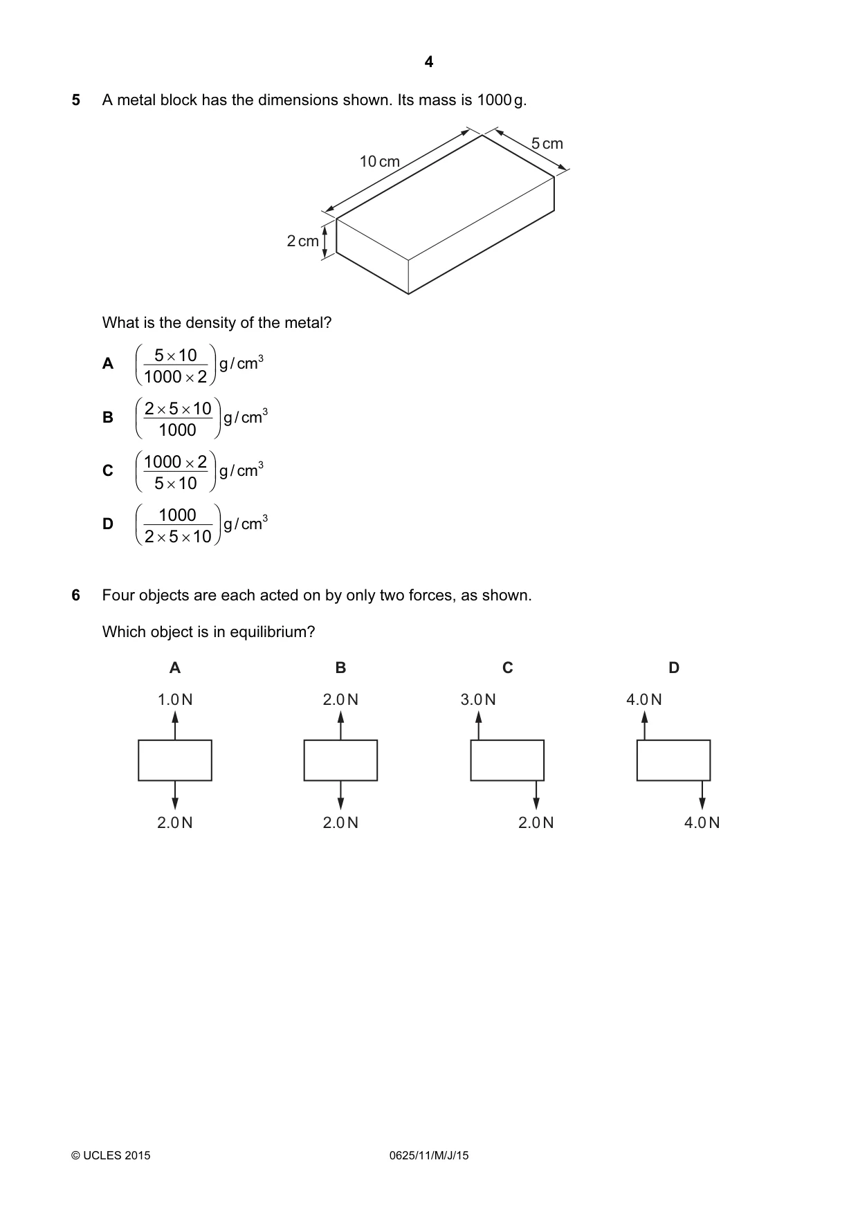Cambridge IGCSE Physics 0625 2015 May/June Paper 1 · Variant 1 question paper, page 4 of 20