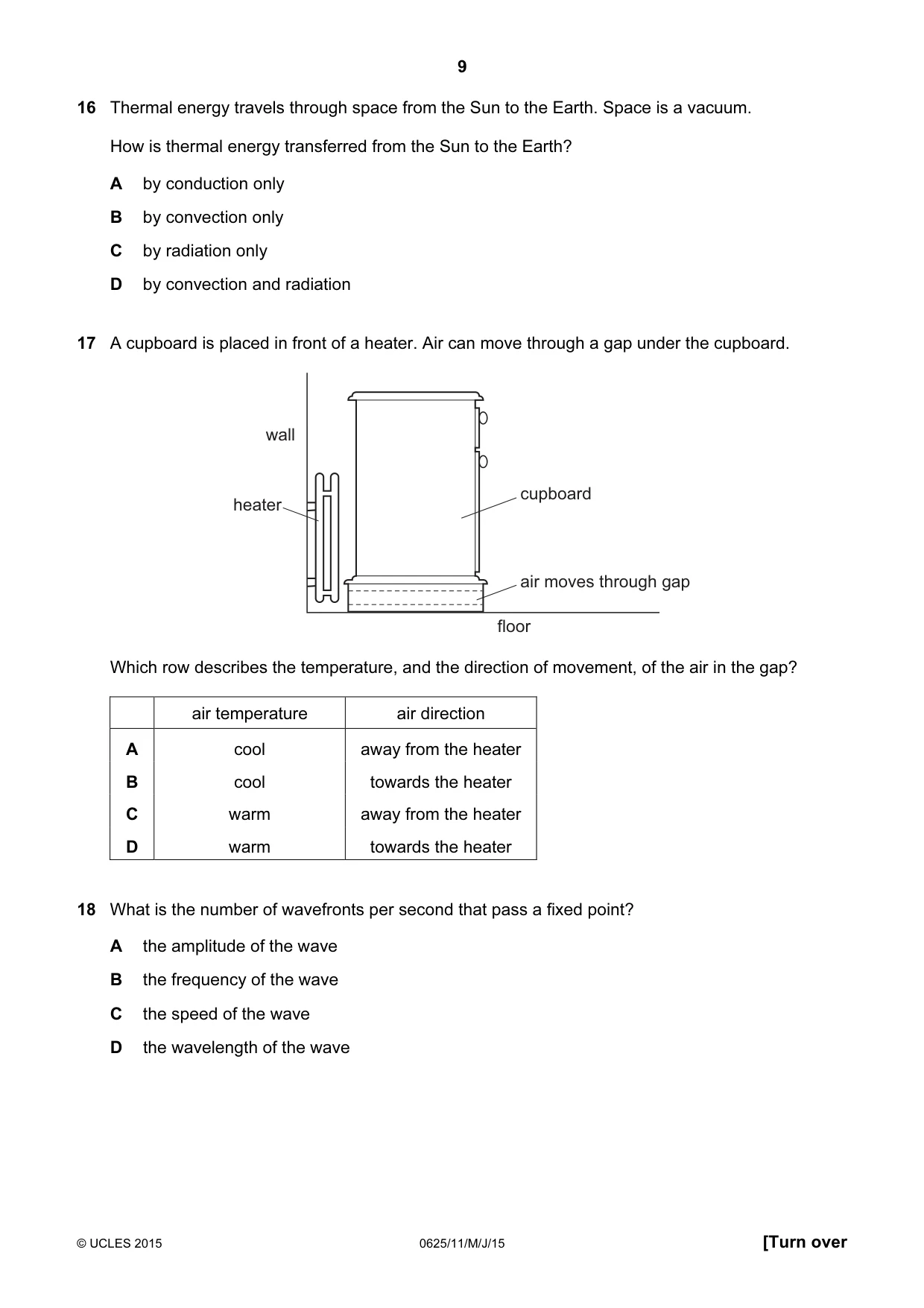 Cambridge IGCSE Physics 0625 2015 May/June Paper 1 · Variant 1 question paper, page 9 of 20