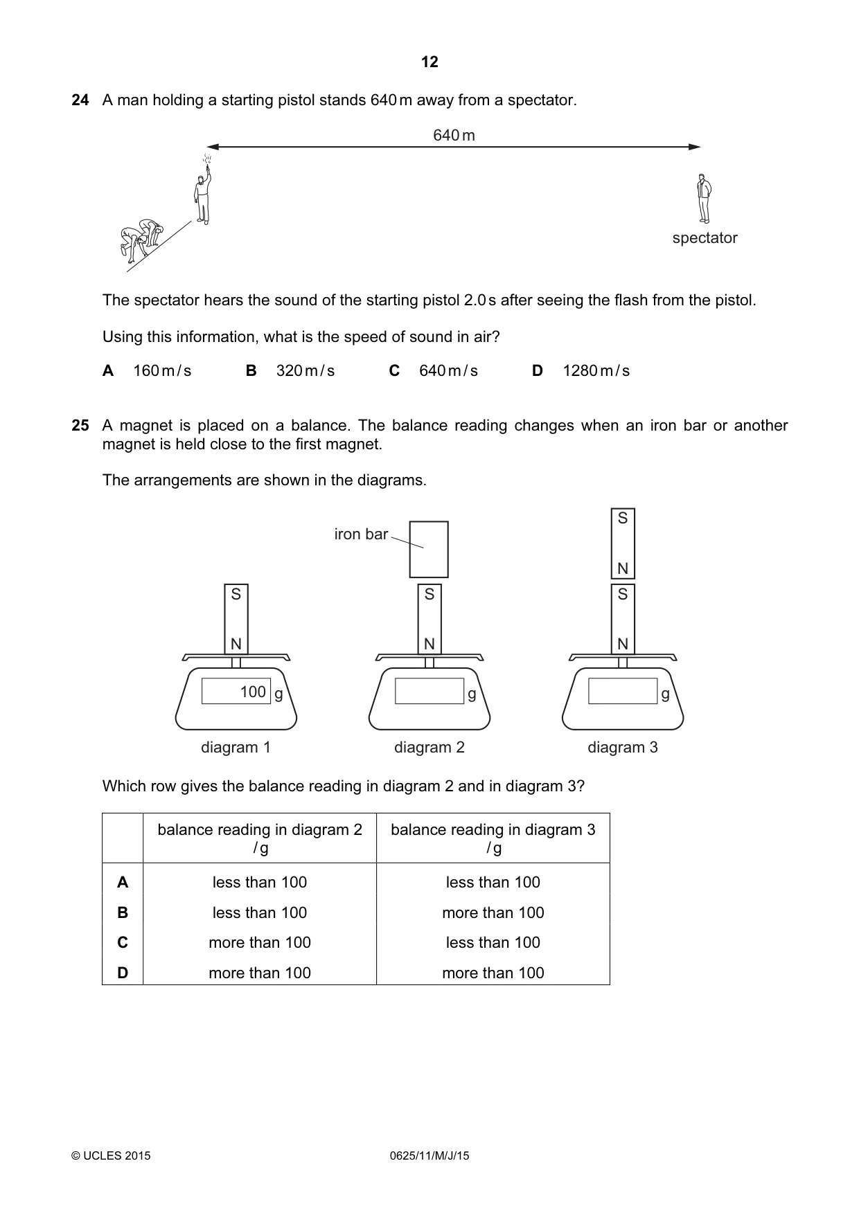 Cambridge IGCSE Physics 0625 2015 May/June Paper 1 · Variant 1 question paper, page 12 of 20