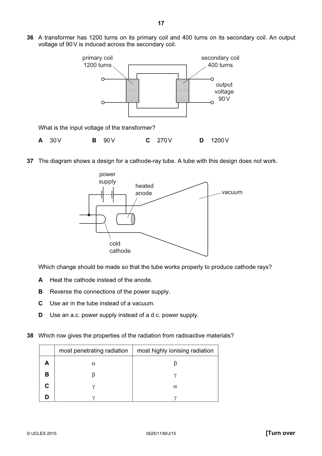 Cambridge IGCSE Physics 0625 2015 May/June Paper 1 · Variant 1 question paper, page 17 of 20