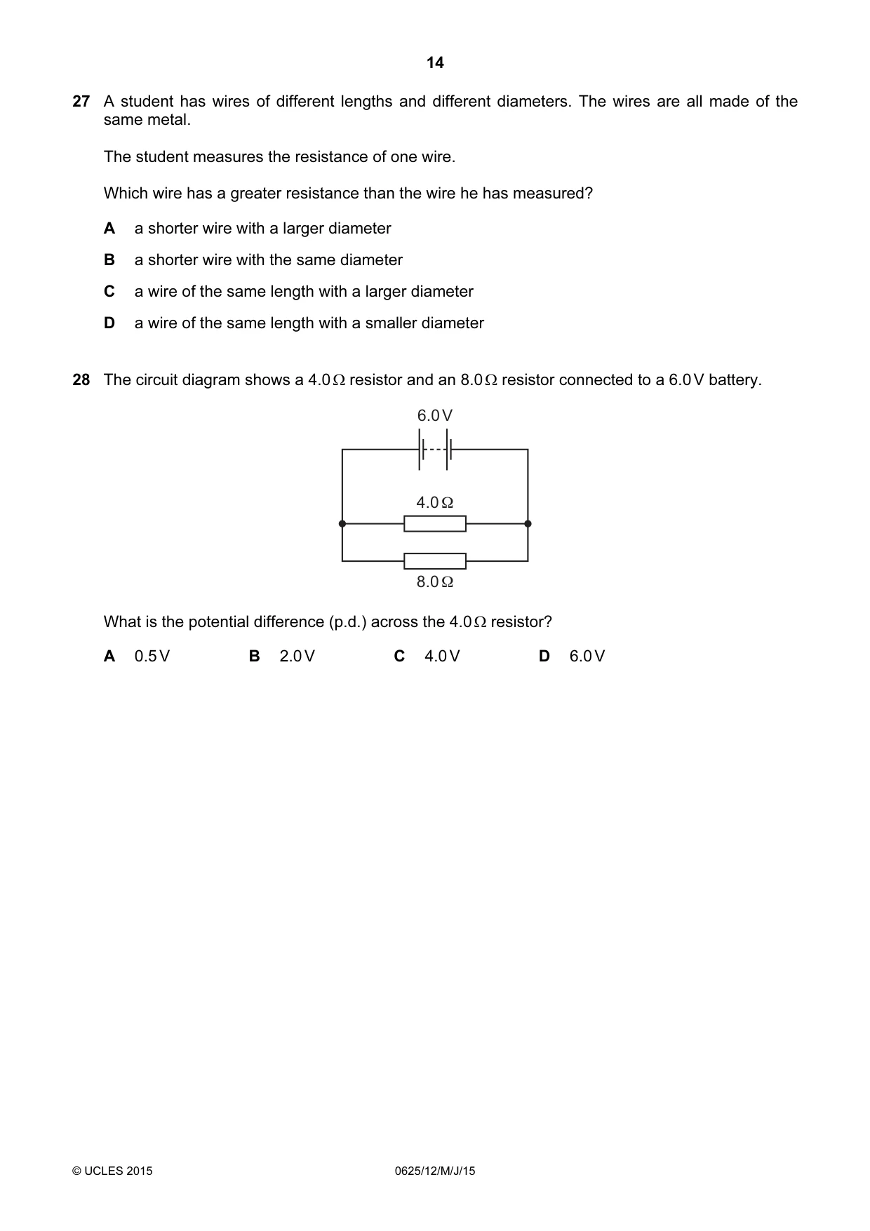 Cambridge IGCSE Physics 0625 2015 May/June Paper 1 · Variant 2 question paper, page 14 of 20