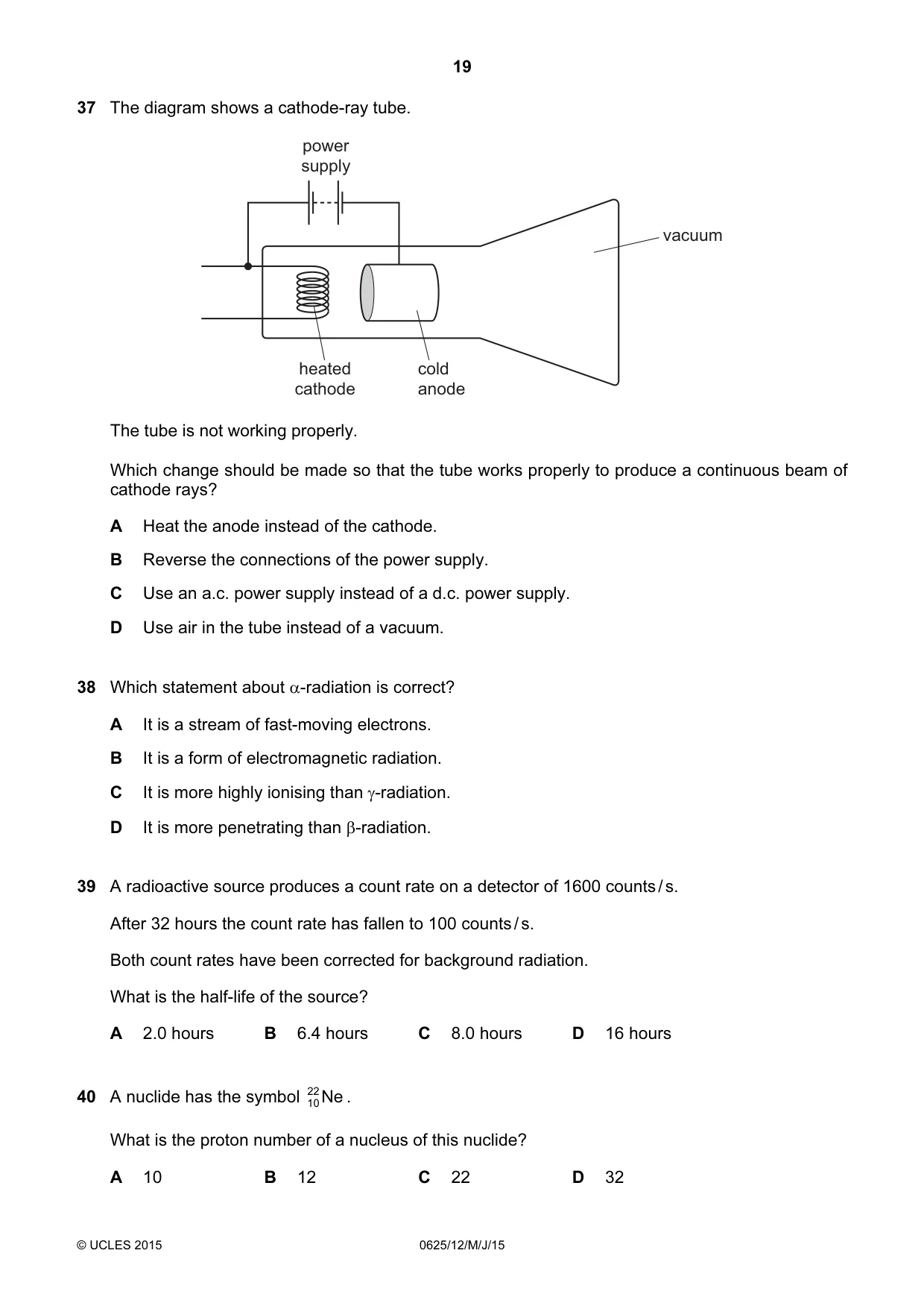 Cambridge IGCSE Physics 0625 2015 May/June Paper 1 · Variant 2 question paper, page 19 of 20