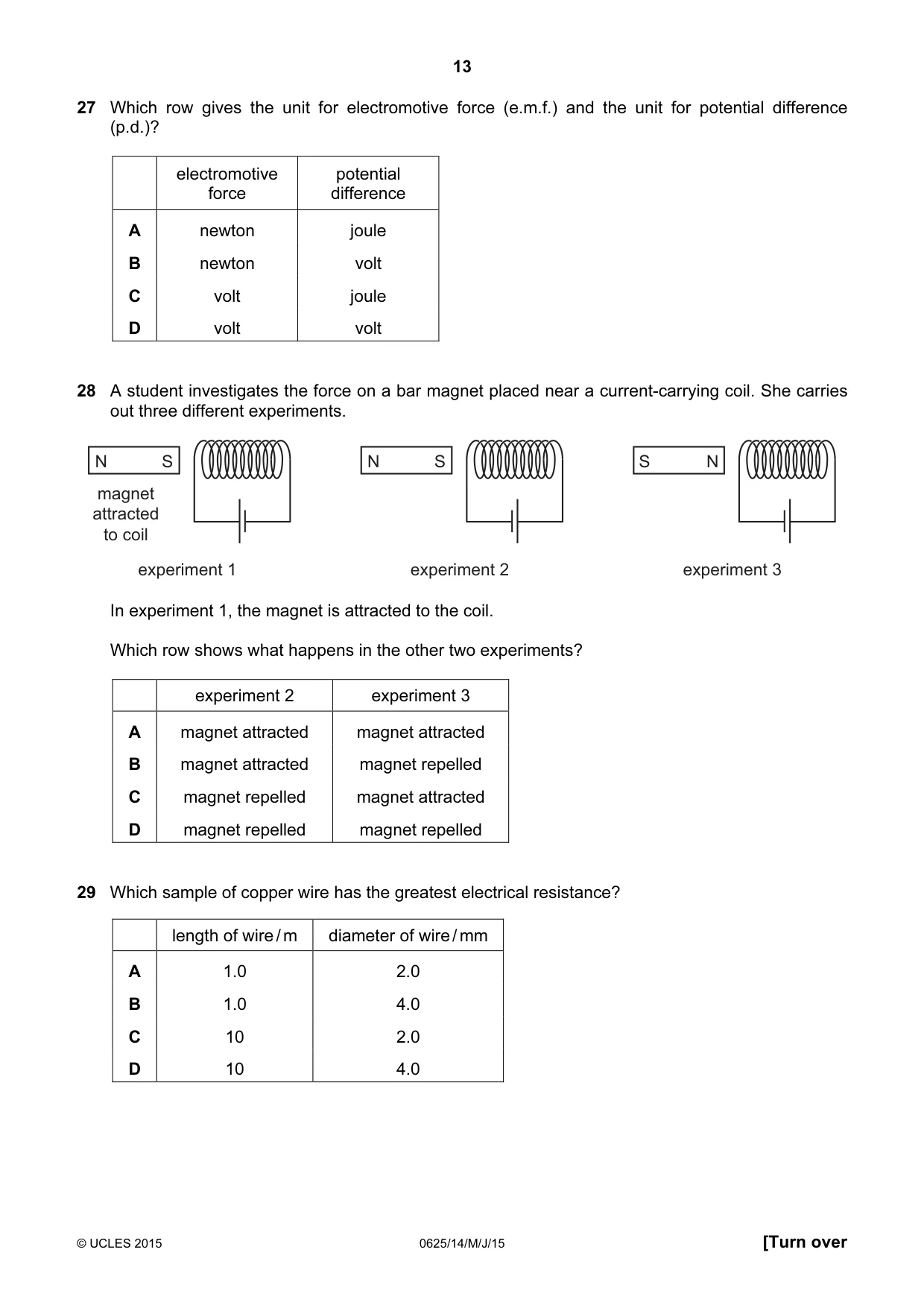 Cambridge IGCSE Physics 0625 2015 May/June Paper 1 · Variant 4 question paper, page 13 of 20