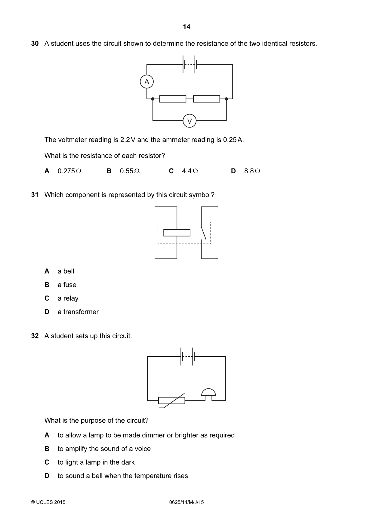 Cambridge IGCSE Physics 0625 2015 May/June Paper 1 · Variant 4 question paper, page 14 of 20