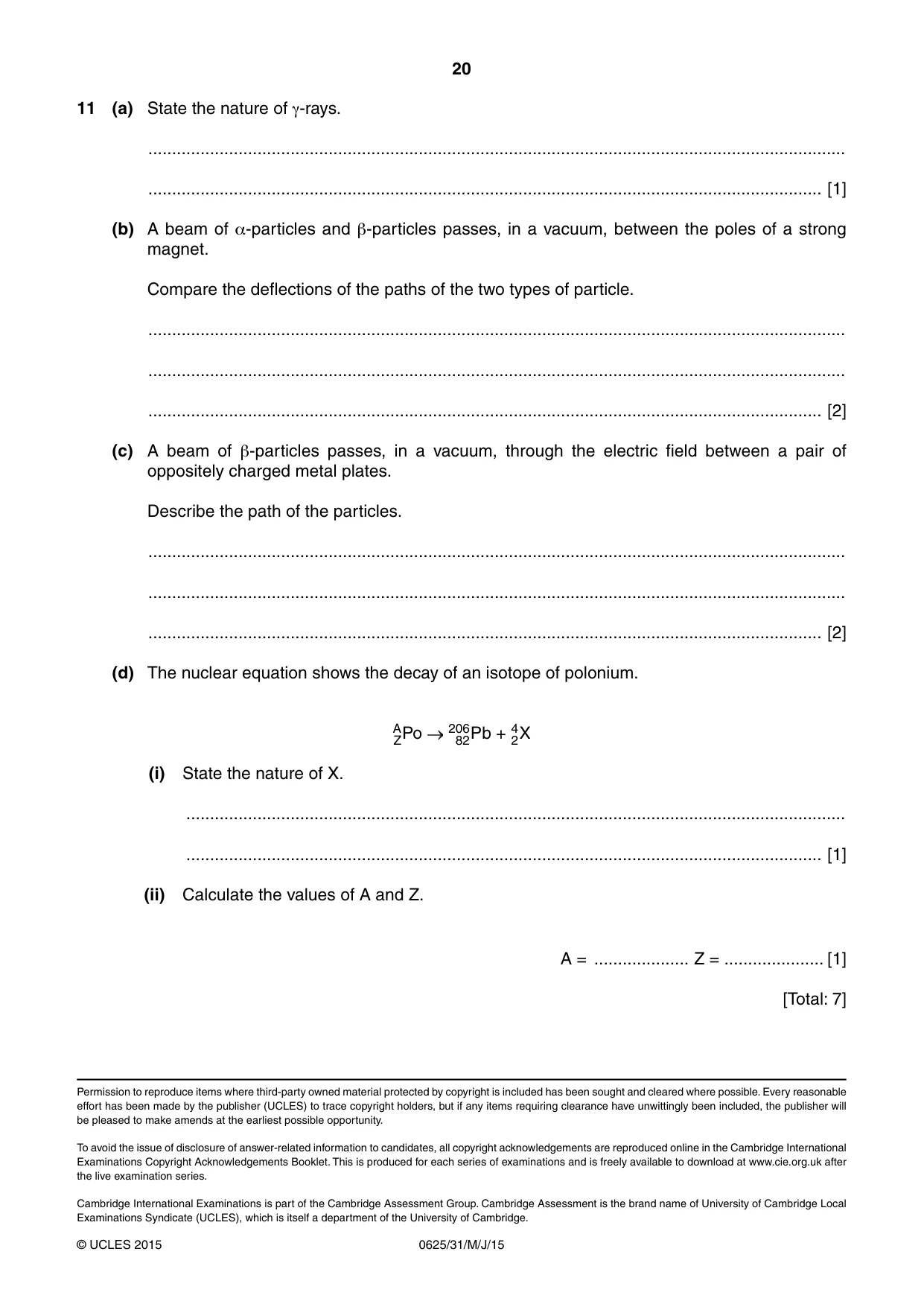 Cambridge IGCSE Physics 0625 2015 May/June Paper 3 · Variant 1 question paper, page 20 of 20