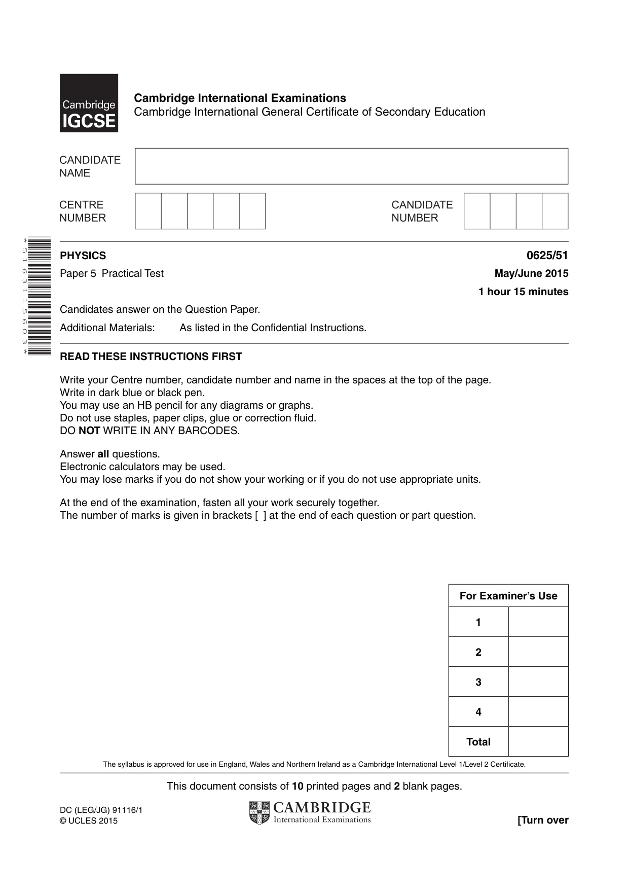 Cambridge IGCSE Physics 0625 2015 May/June Paper 5 · Variant 1 question paper, page 1 of 12