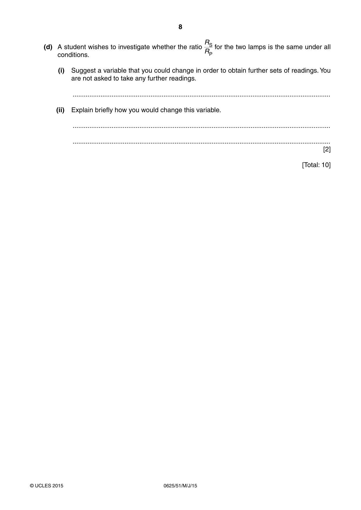 Cambridge IGCSE Physics 0625 2015 May/June Paper 5 · Variant 1 question paper, page 8 of 12