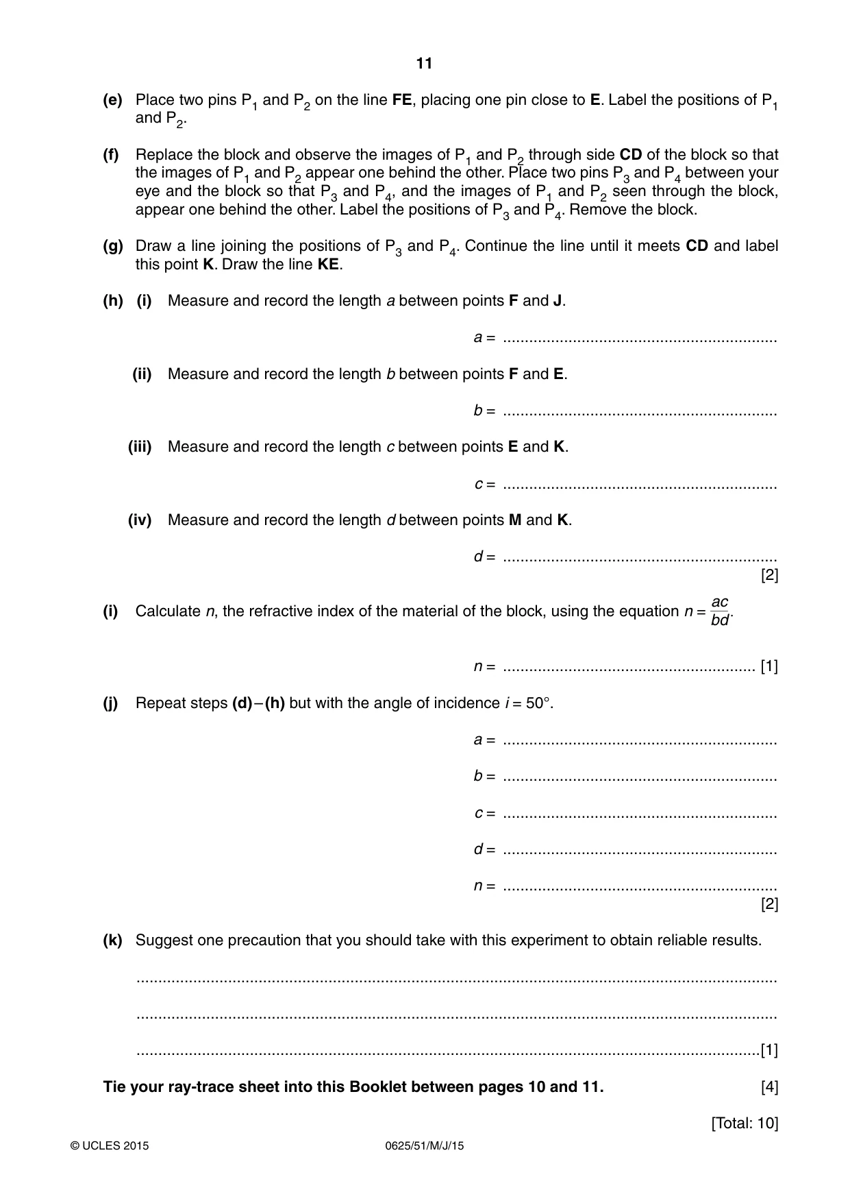 Cambridge IGCSE Physics 0625 2015 May/June Paper 5 · Variant 1 question paper, page 11 of 12