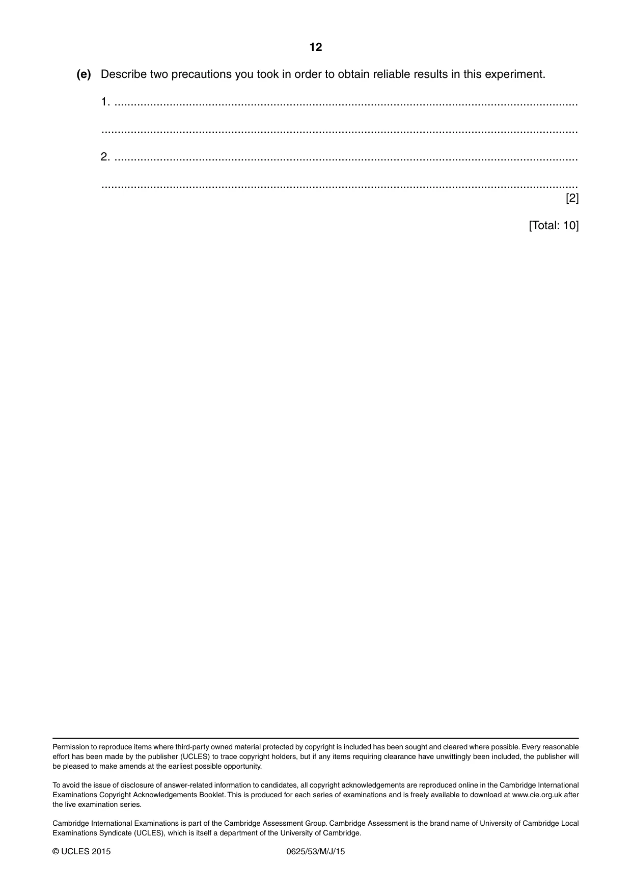 Cambridge IGCSE Physics 0625 2015 May/June Paper 5 · Variant 3 question paper, page 12 of 12