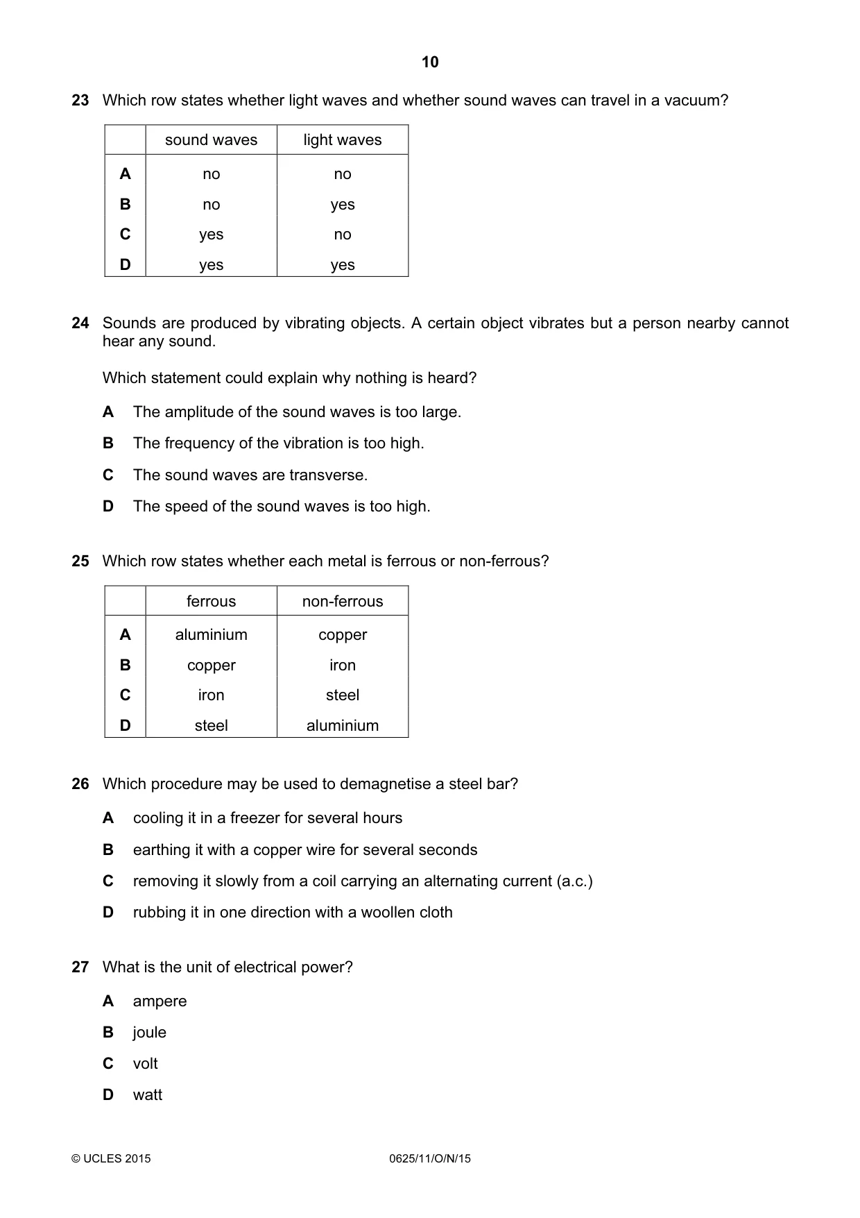 Cambridge IGCSE Physics 0625 2015 Oct/Nov Paper 1 · Variant 1 question paper, page 10 of 16