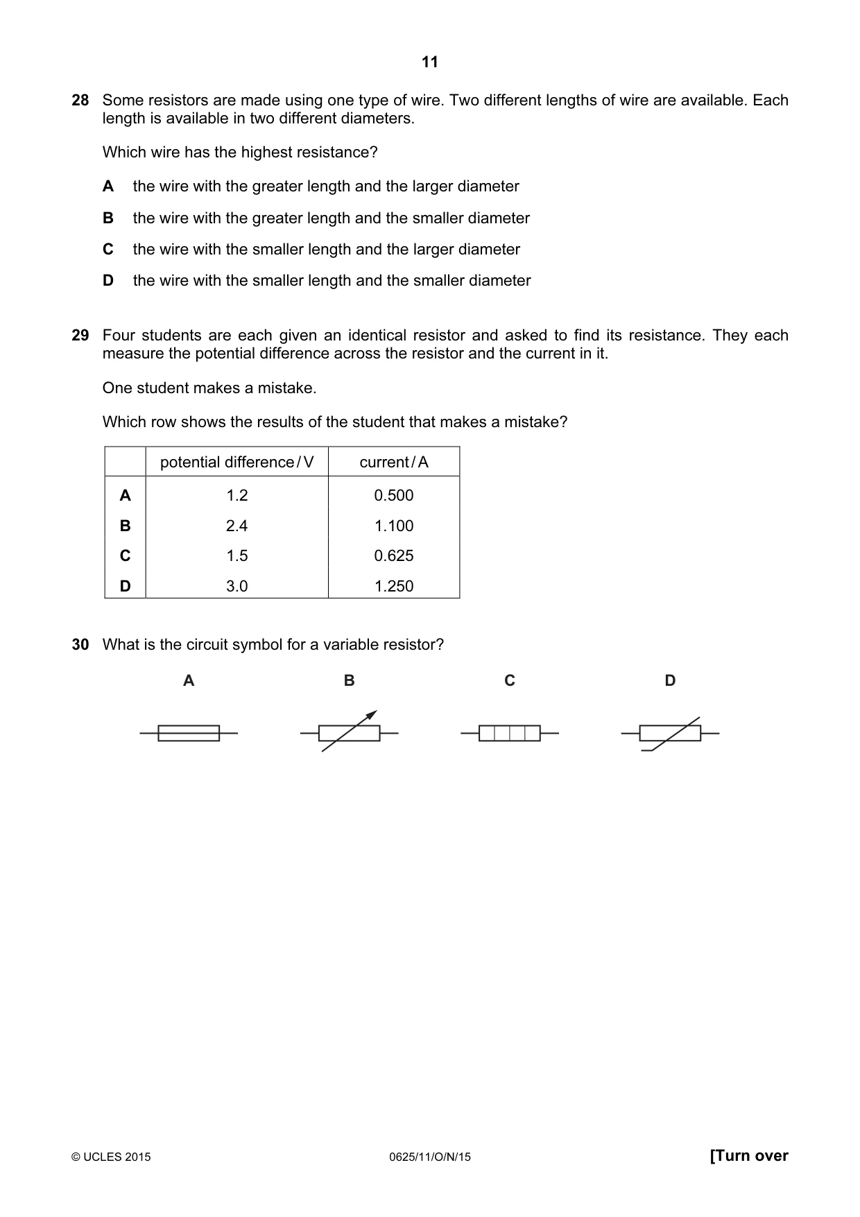 Cambridge IGCSE Physics 0625 2015 Oct/Nov Paper 1 · Variant 1 question paper, page 11 of 16