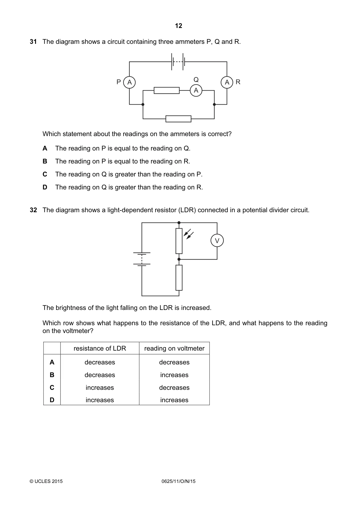Cambridge IGCSE Physics 0625 2015 Oct/Nov Paper 1 · Variant 1 question paper, page 12 of 16