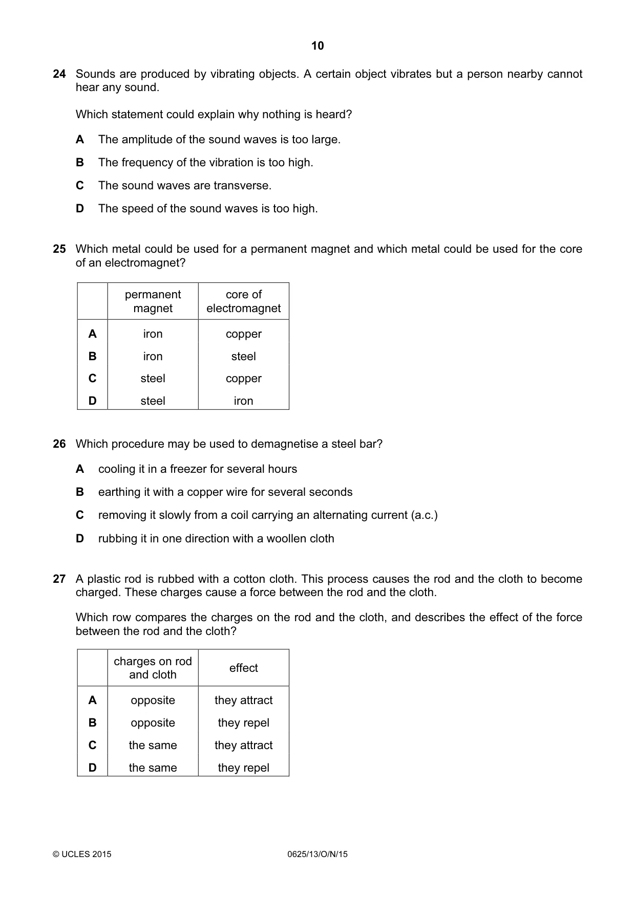 Cambridge IGCSE Physics 0625 2015 Oct/Nov Paper 1 · Variant 3 question paper, page 10 of 16