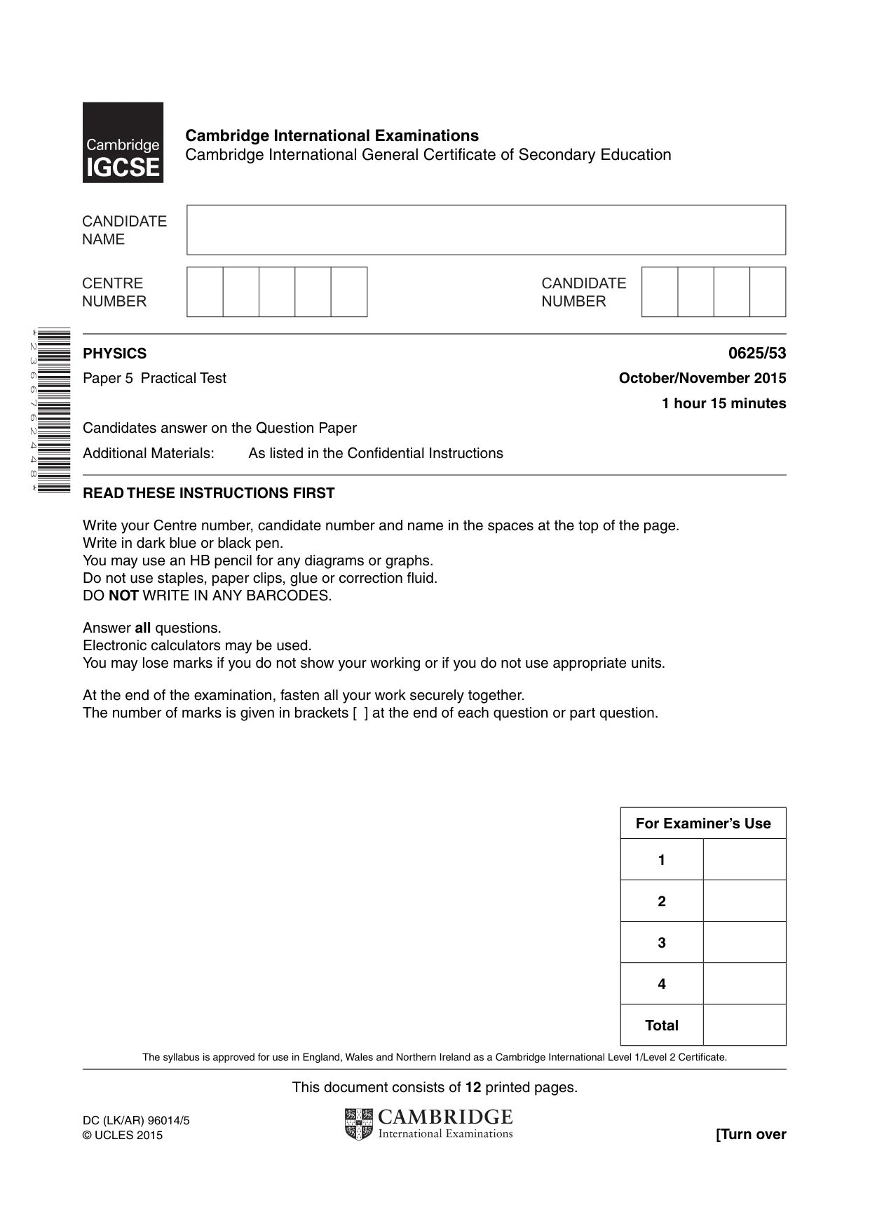 Cambridge IGCSE Physics 0625 2015 Oct/Nov Paper 5 · Variant 3 question paper, page 1 of 12