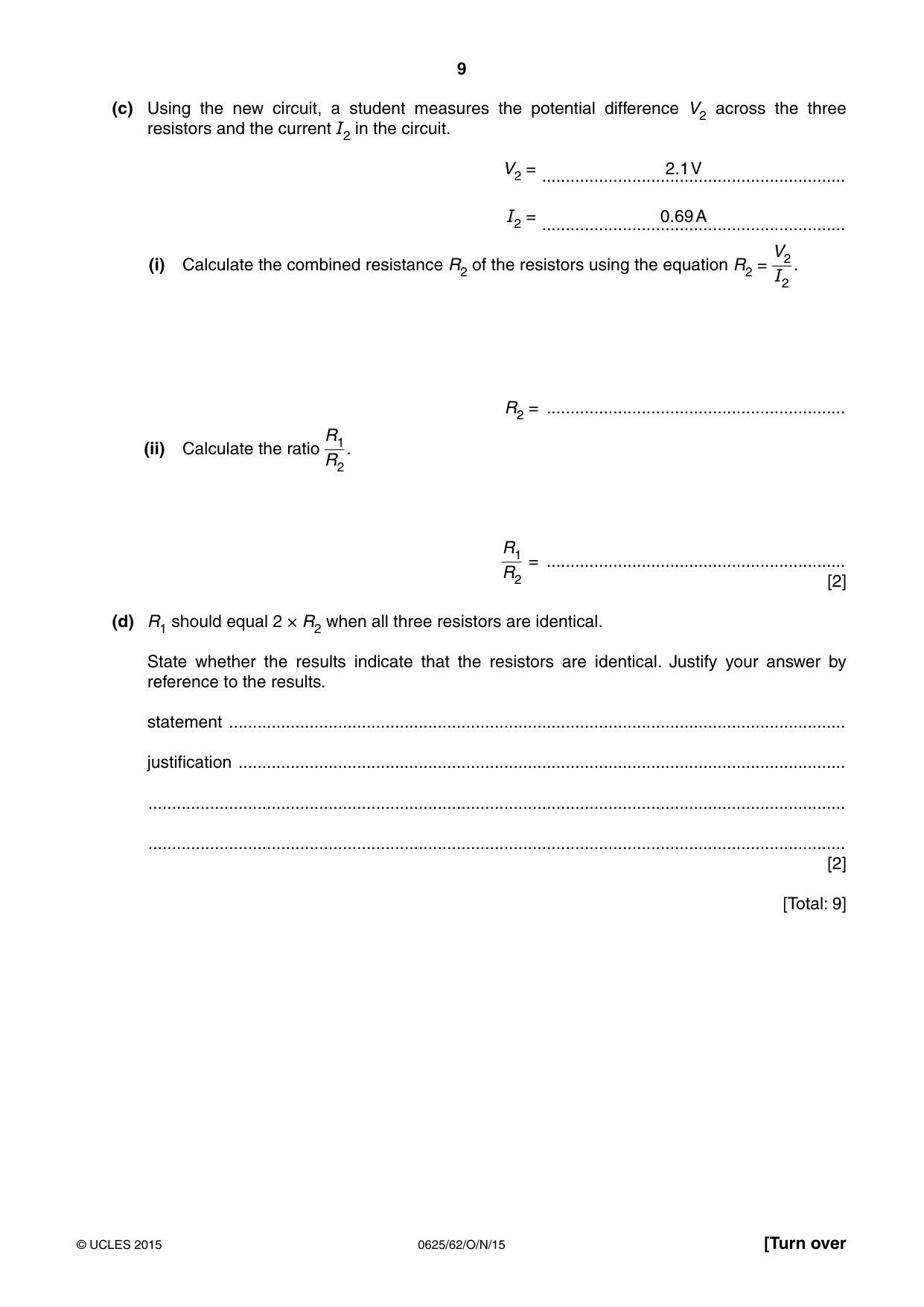 Cambridge IGCSE Physics 0625 2015 Oct/Nov Paper 6 · Variant 2 question paper, page 9 of 16