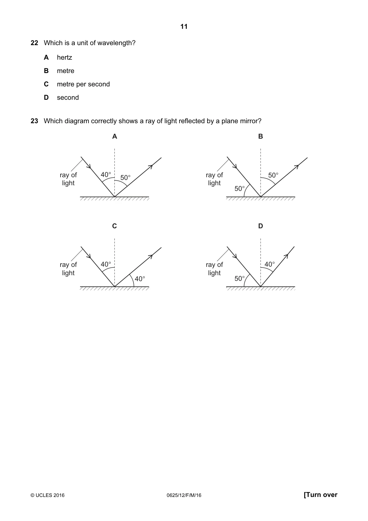 Cambridge IGCSE Physics 0625 2016 Feb/March Paper 1 · Variant 2 question paper, page 11 of 20