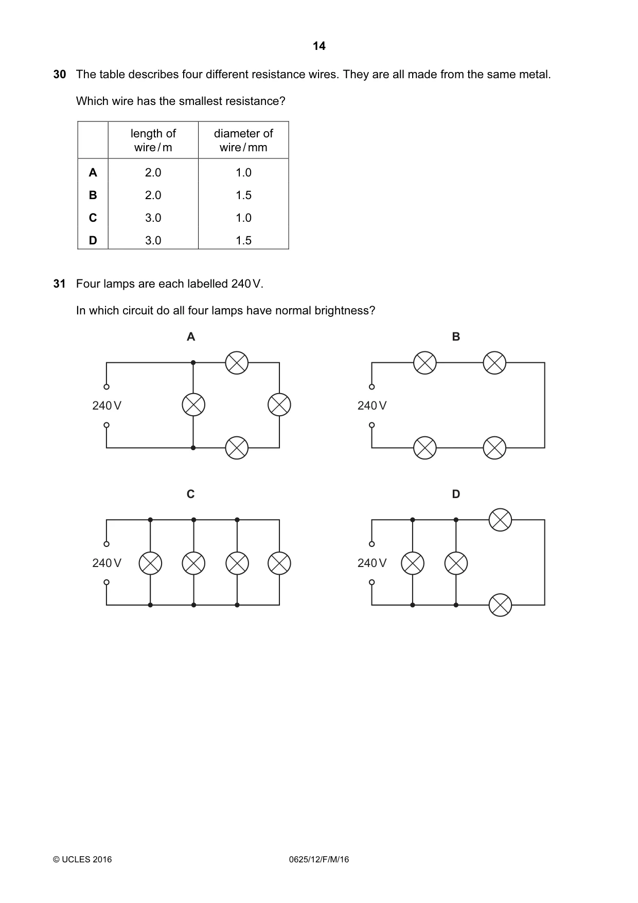 Cambridge IGCSE Physics 0625 2016 Feb/March Paper 1 · Variant 2 question paper, page 14 of 20