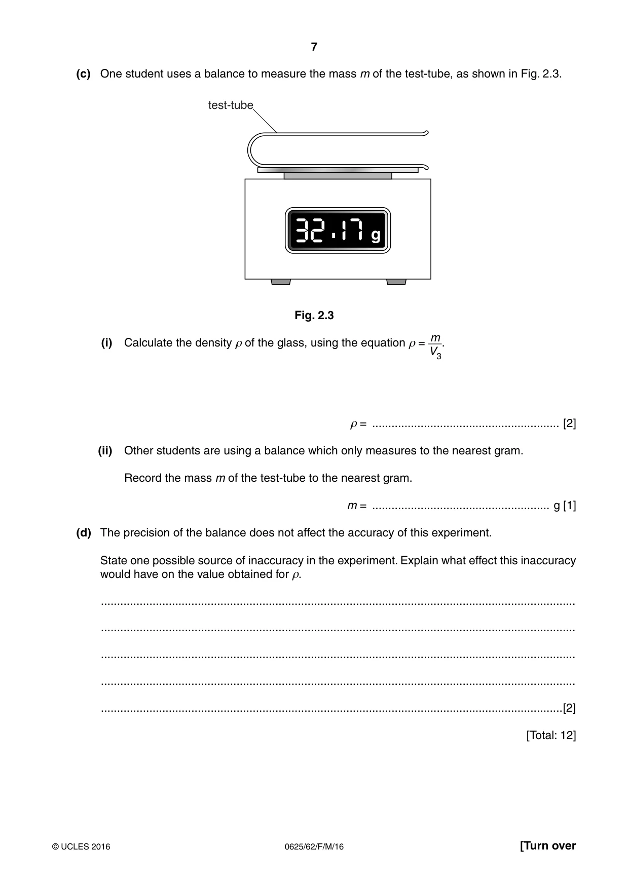 Cambridge IGCSE Physics 0625 2016 Feb/March Paper 6 · Variant 2 question paper, page 7 of 12