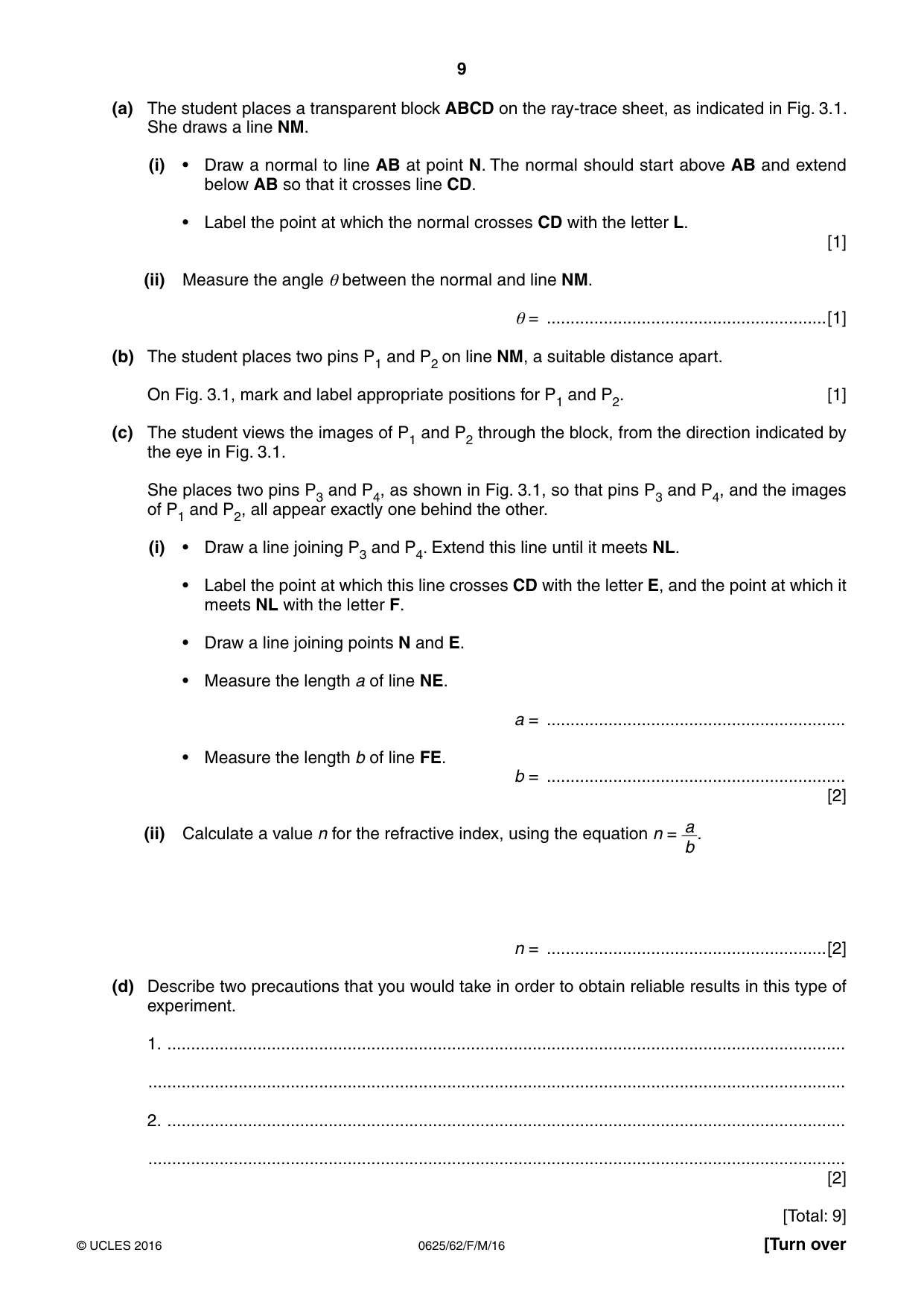 Cambridge IGCSE Physics 0625 2016 Feb/March Paper 6 · Variant 2 question paper, page 9 of 12