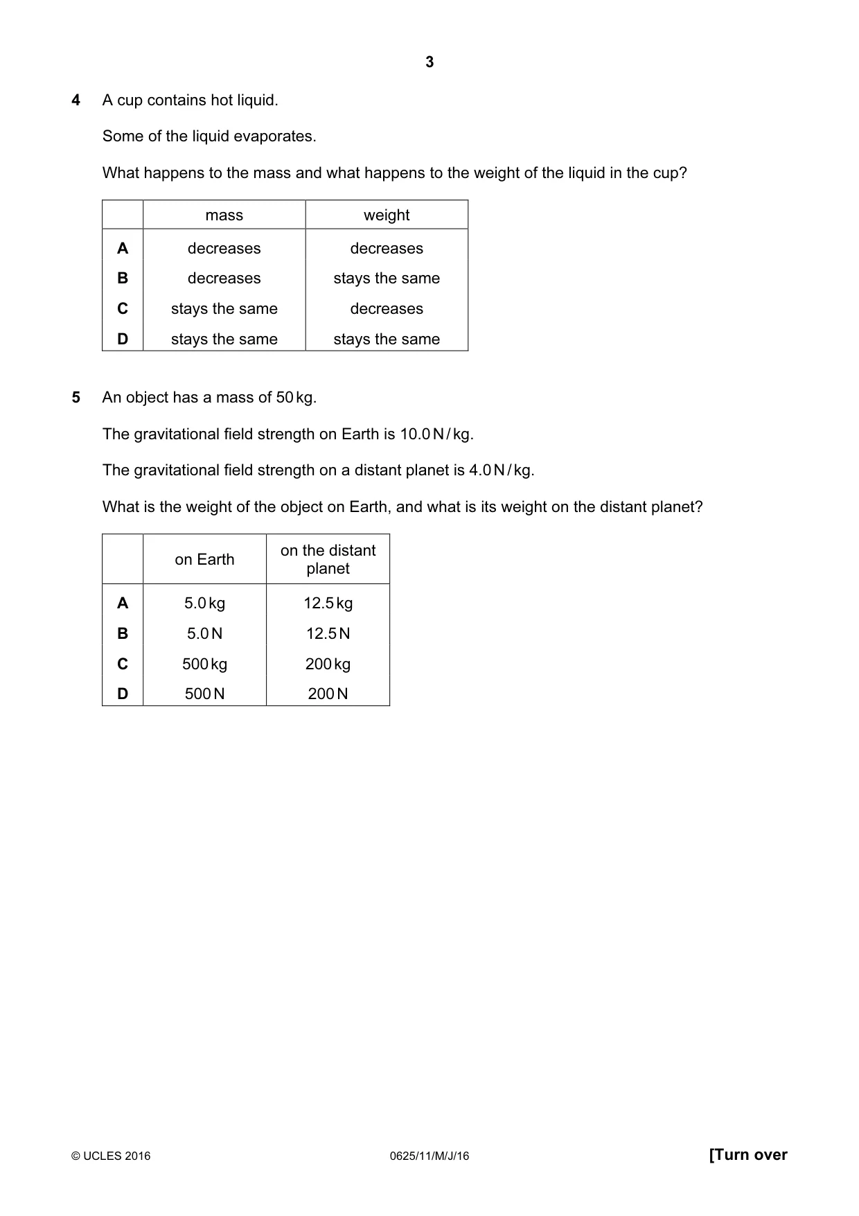 Cambridge IGCSE Physics 0625 2016 May/June Paper 1 · Variant 1 question paper, page 3 of 20