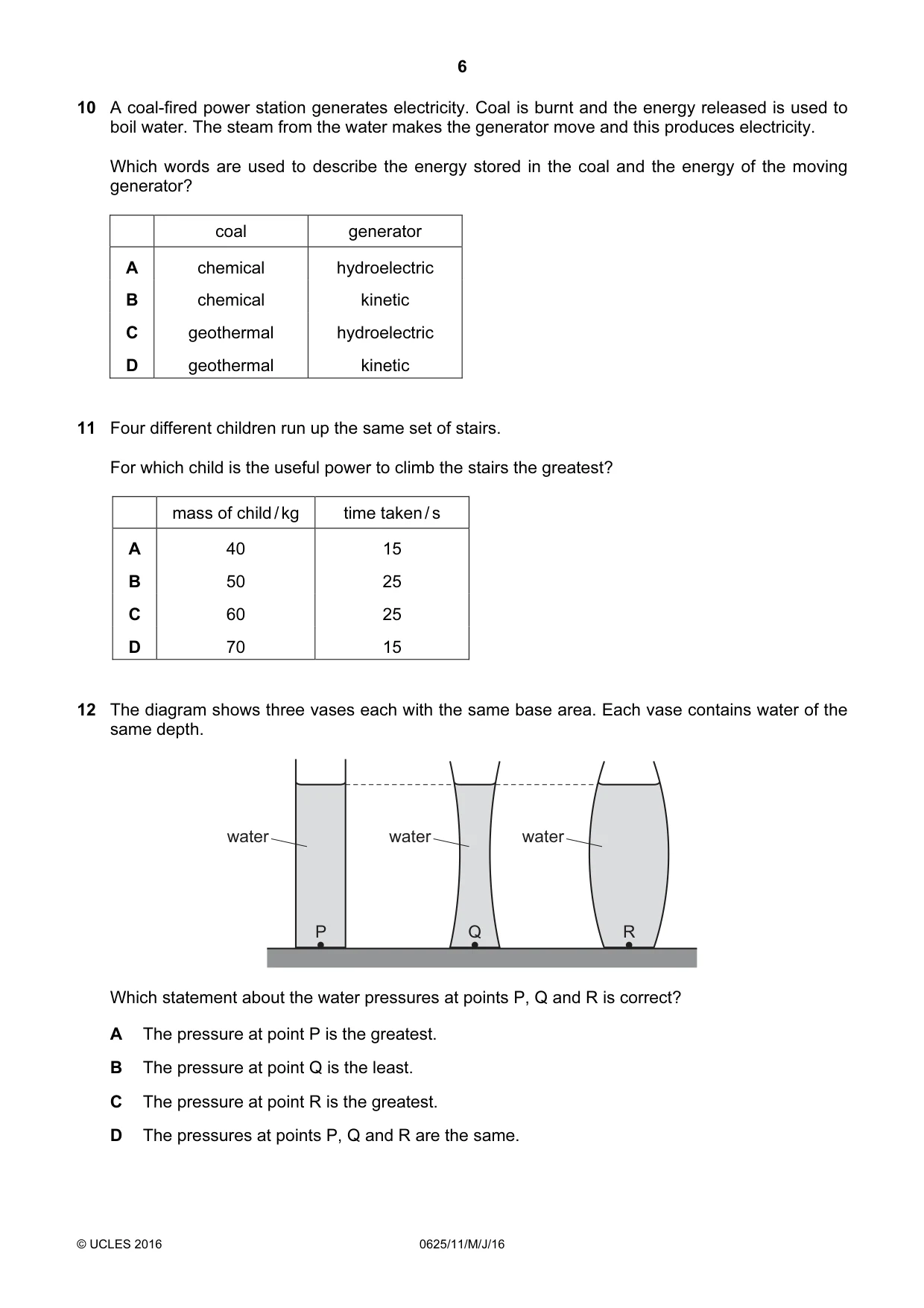 Cambridge IGCSE Physics 0625 2016 May/June Paper 1 · Variant 1 question paper, page 6 of 20