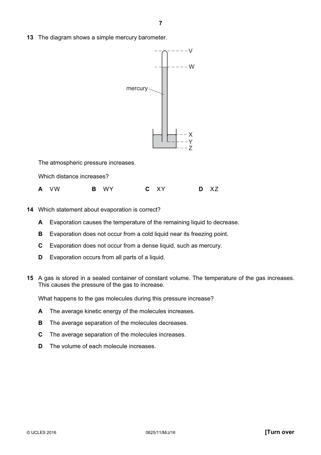 Cambridge IGCSE Physics 0625 2016 May/June Paper 1 · Variant 1 question paper, page 7 of 20