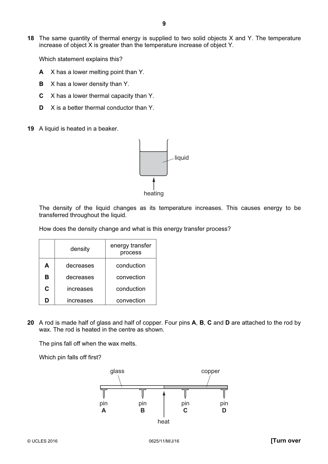 Cambridge IGCSE Physics 0625 2016 May/June Paper 1 · Variant 1 question paper, page 9 of 20