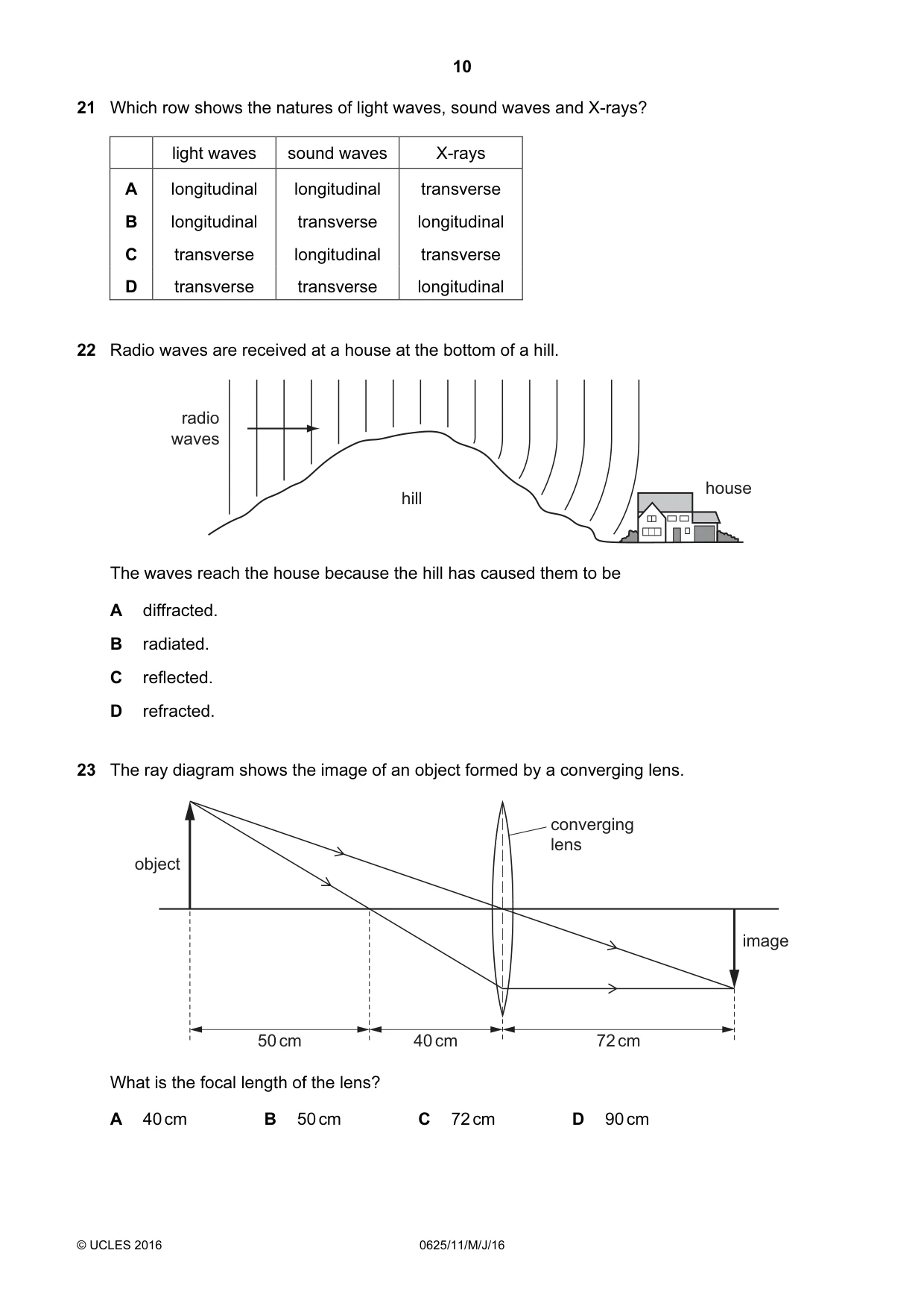 Cambridge IGCSE Physics 0625 2016 May/June Paper 1 · Variant 1 question paper, page 10 of 20